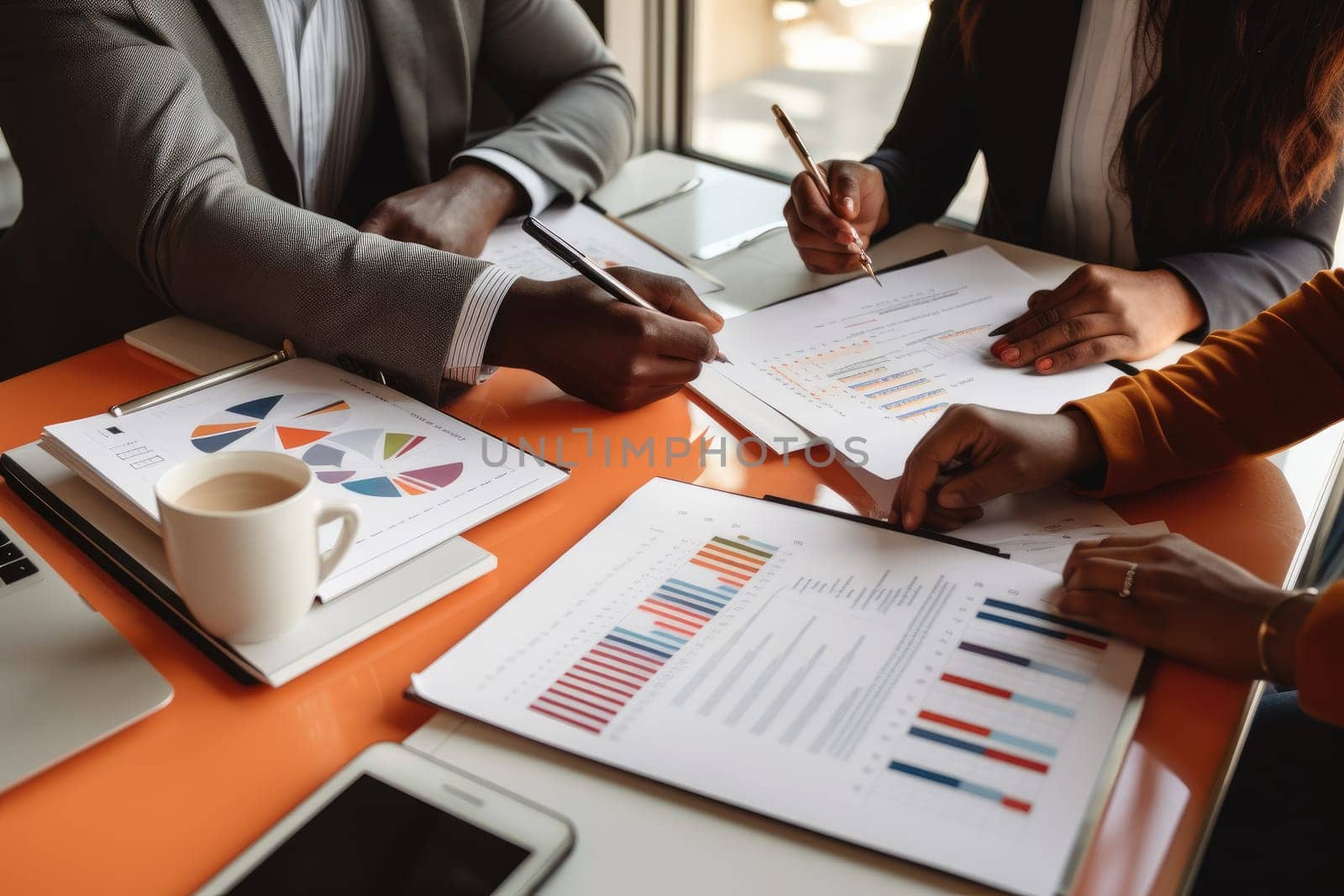 Teamwork with business people analysis cost graph on desk at meeting room. generative ai.