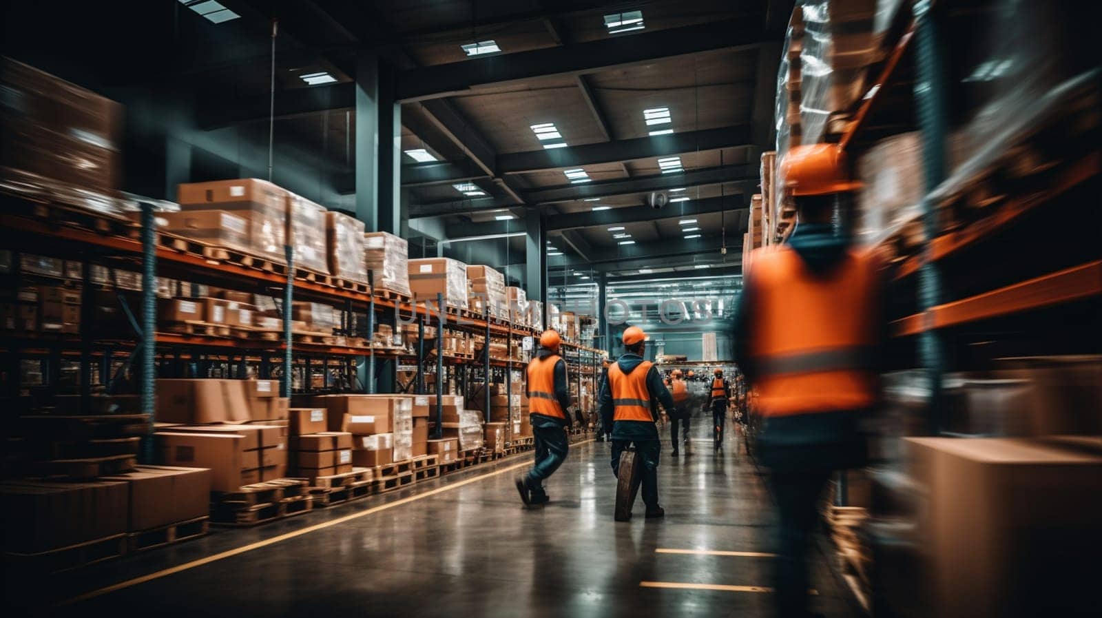 Logistics business warehouse, shipment and loading concept. workers in reflective vests blurred with movement. Staff in a warehouse move between storage racks, motion blur background transport. High quality photo