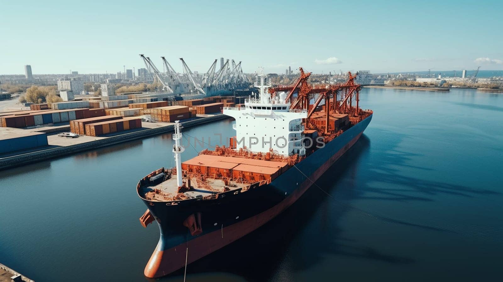 Container ship at industrial port in import export business logistic and transportation of international by container ship in the sea, Container loading in cargo freight ship with industrial crane. High quality photo