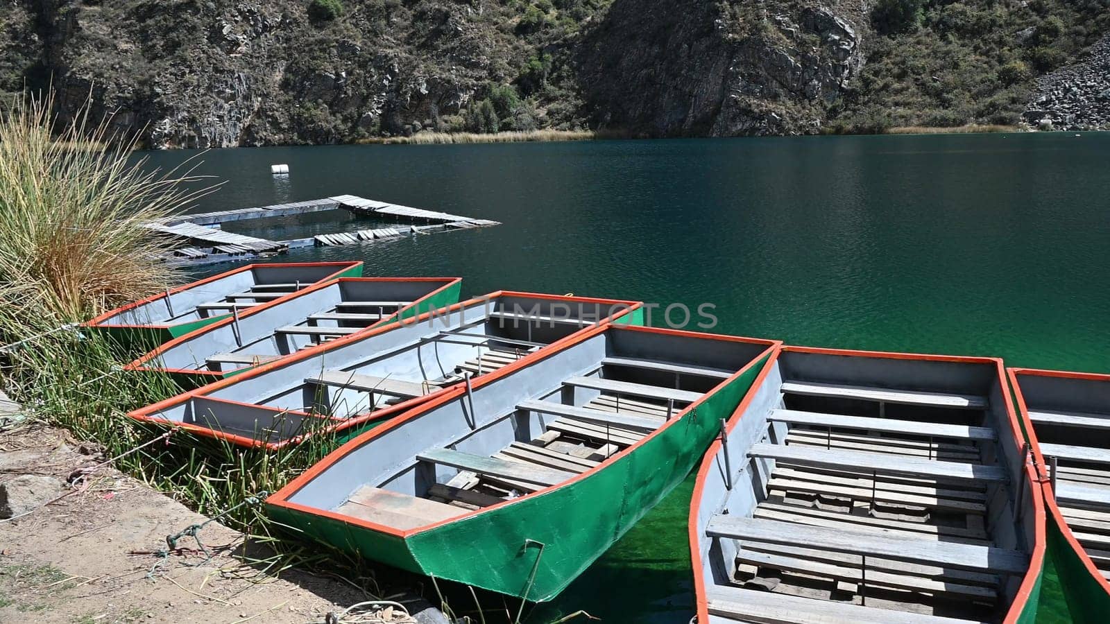 Boat rides on Lake Huallhua located in Huancaya south of Lima - Peru. Clear water.