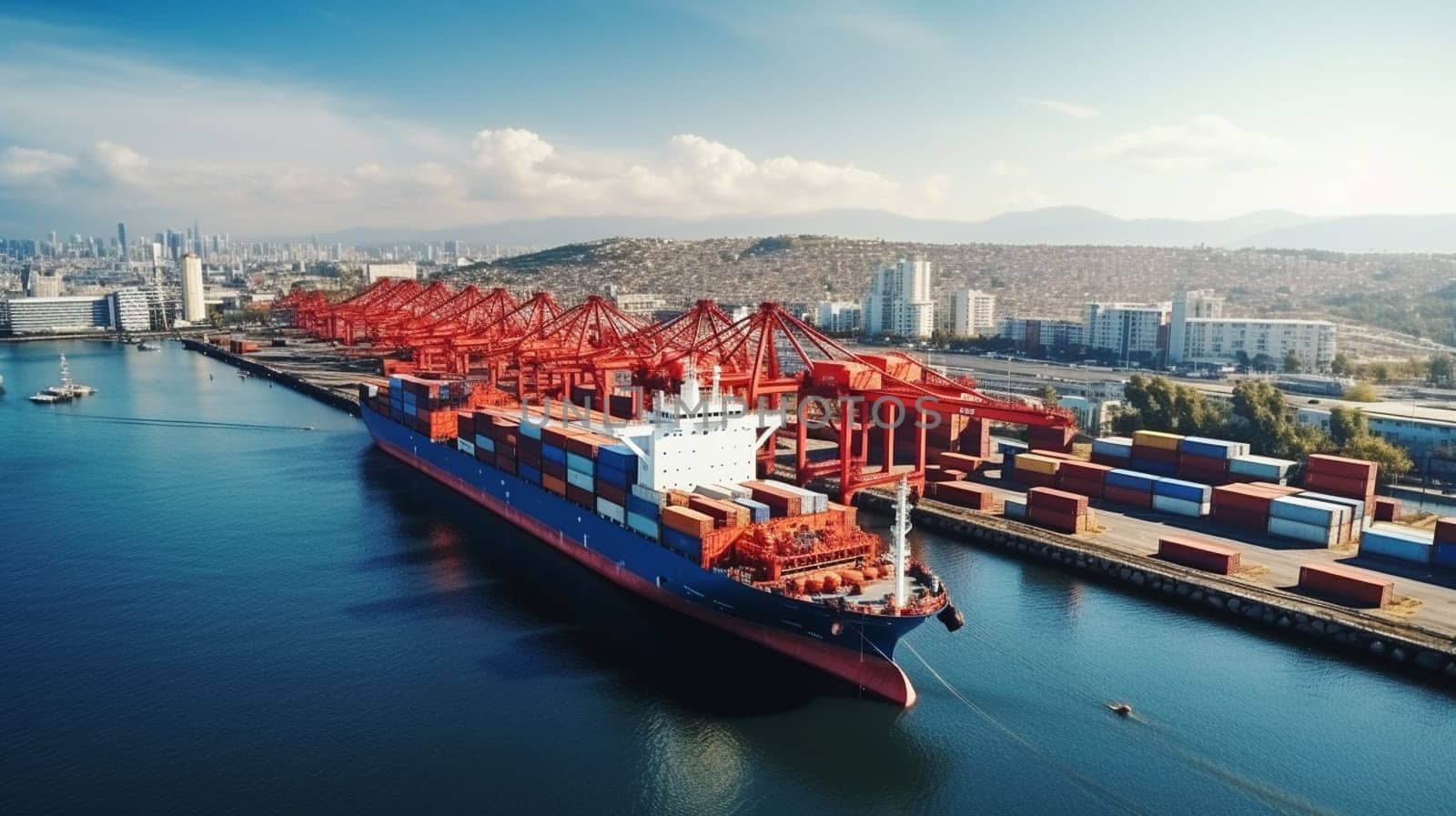 Arial view camera transportation on open blue sea logistics and container dock cargo yard with crane bridge in shipyard with transport logistic import export with blue sky background. by Andelov13