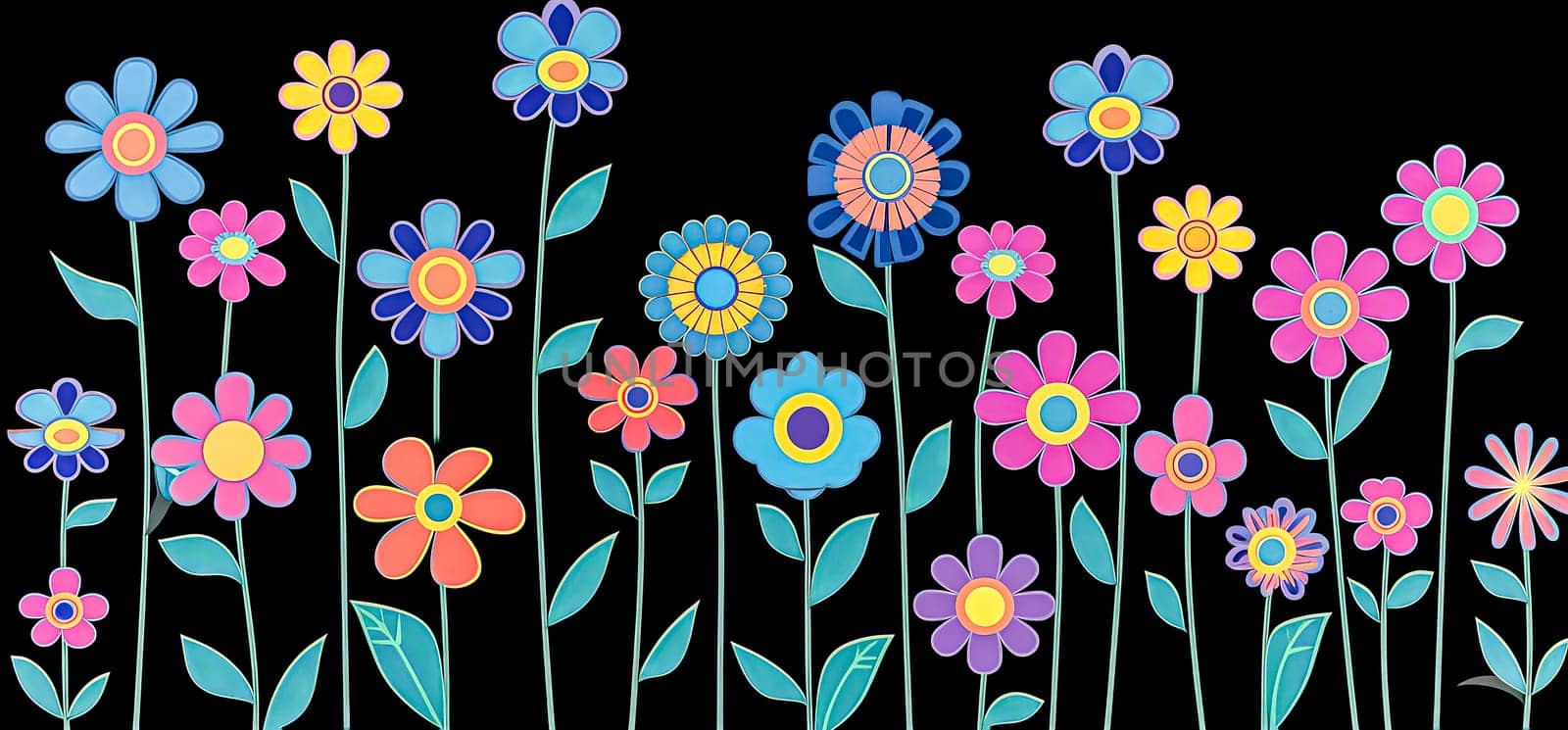 Set of minimalistic beautiful garden and field flowers isolated on black background. Versatile collection perfect for various design projects.