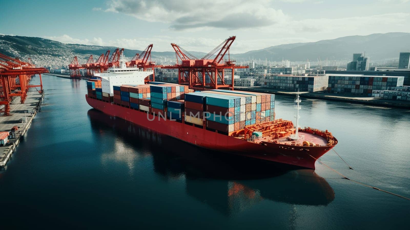 Container stack and ship under crane bridge. High quality photo