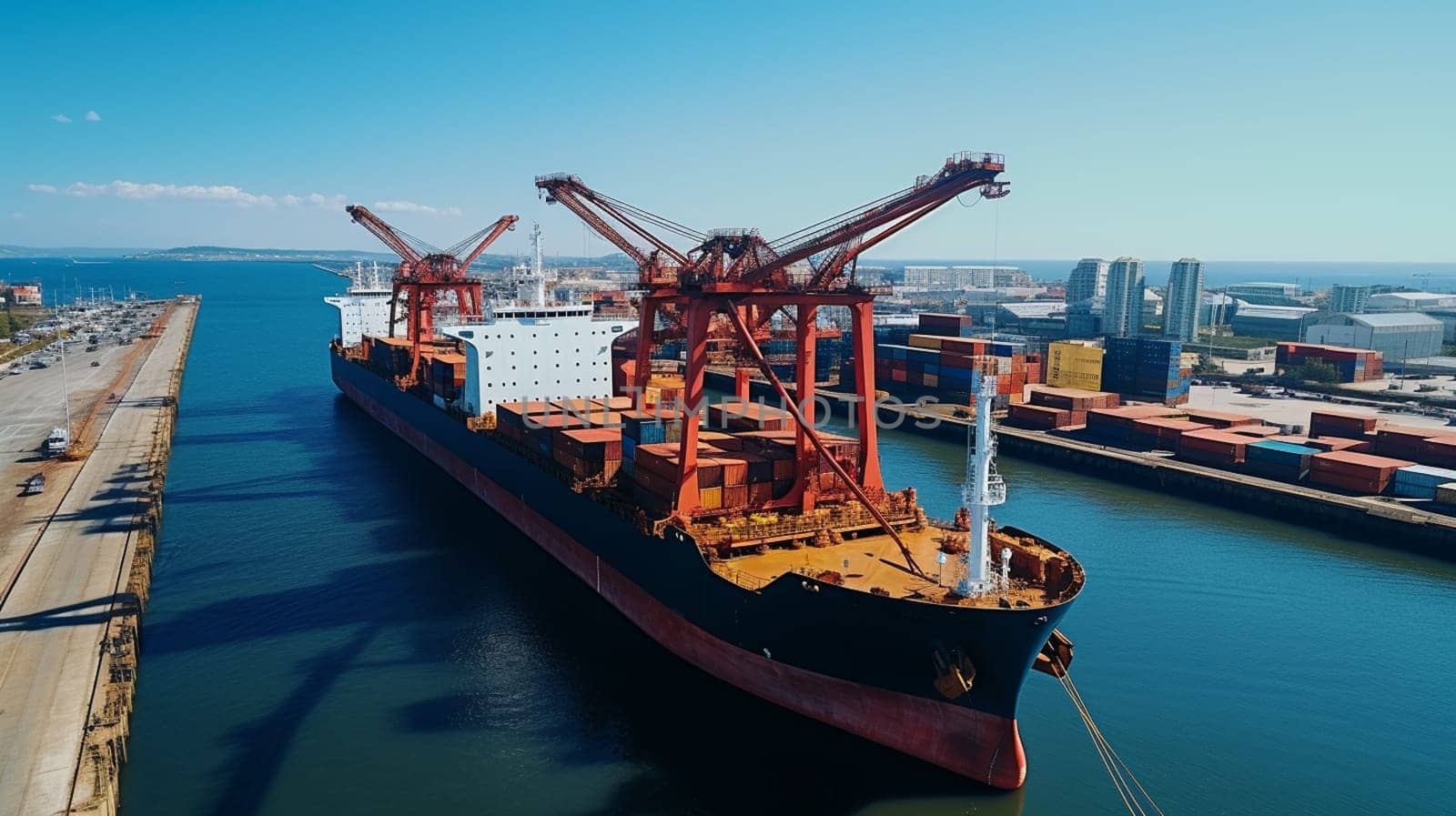 Container stack and ship under crane bridge. High quality photo