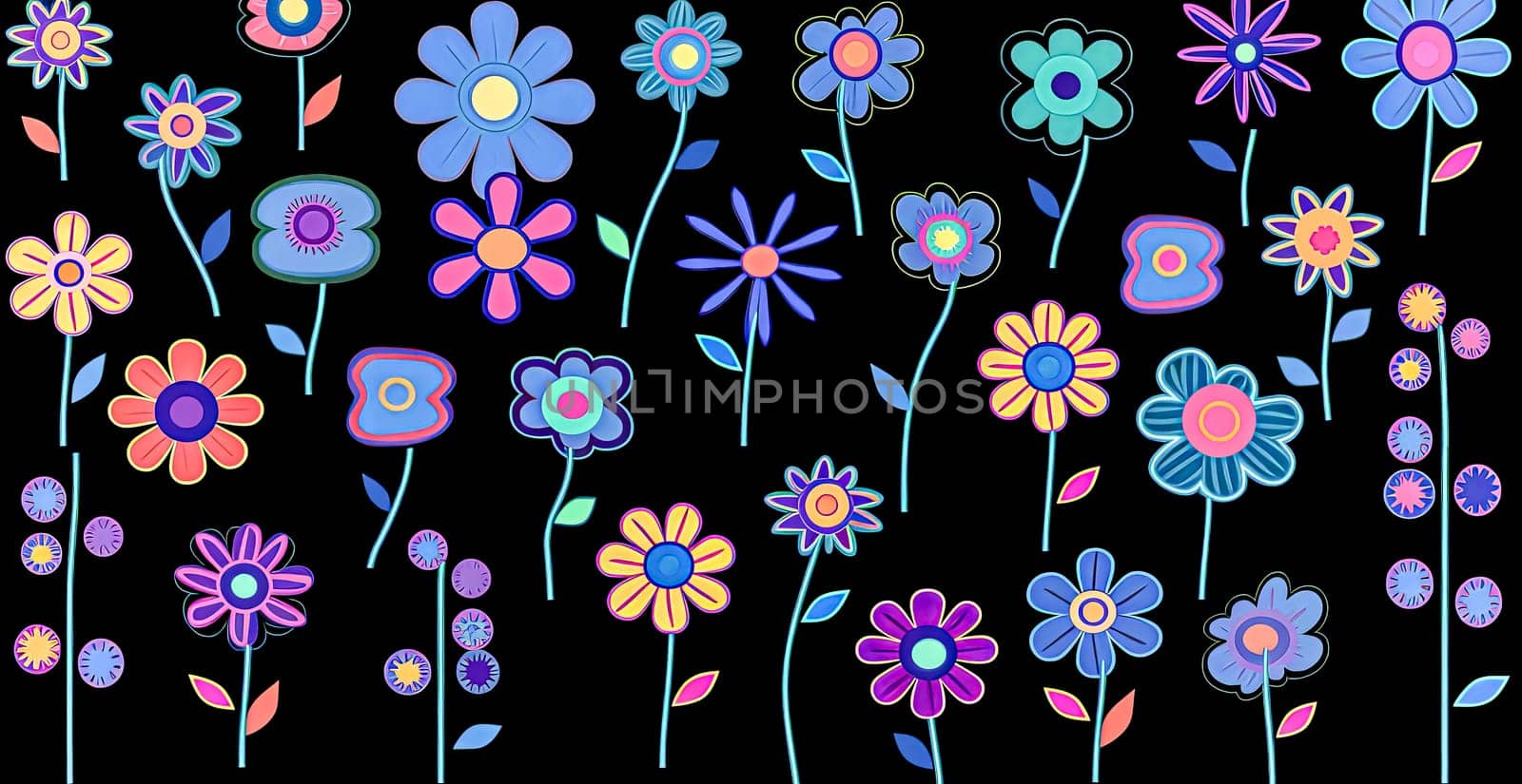 Set of minimalistic beautiful garden and field flowers isolated on black background. Versatile collection perfect for various design projects.