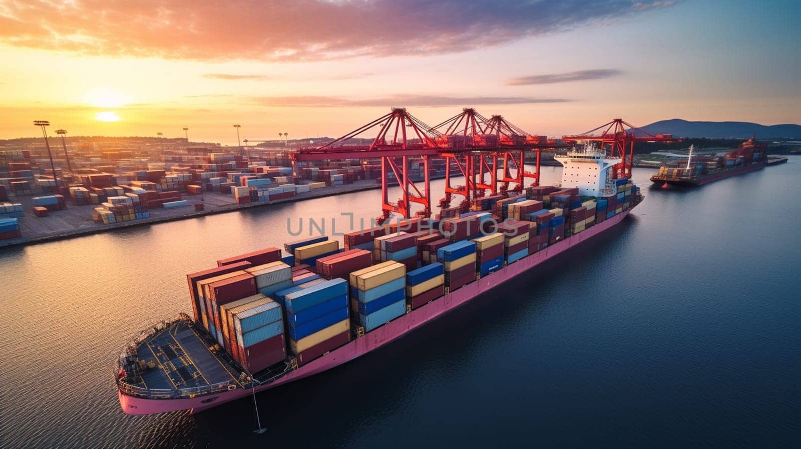 container,container ship in import export and business logistic.By crane ,Trade Port , Shipping.cargo to harbor.Aerial view.Water transport.International.Shell Marine.Top view. High quality photo