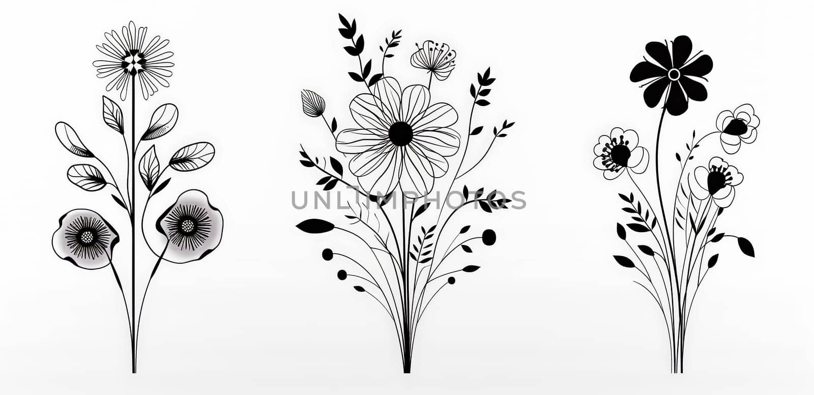 Hand drawn black silhouettes of grass, flowers, herbs, and various insects isolated on a white background. Sketch style illustration perfect for various design projects.