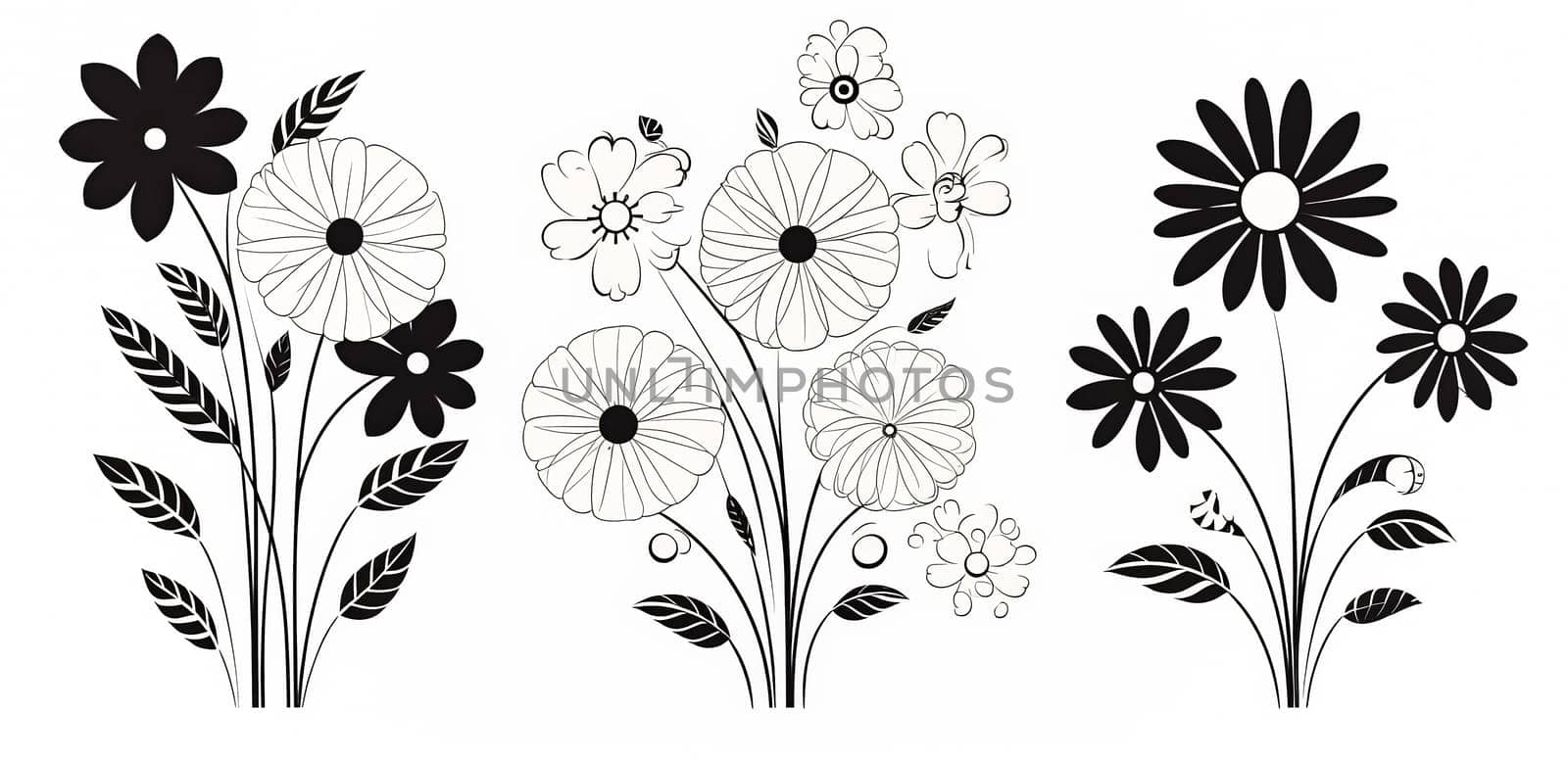 Hand drawn black silhouettes of grass, flowers, herbs, and various insects isolated on a white background. Sketch style illustration perfect for various design projects.