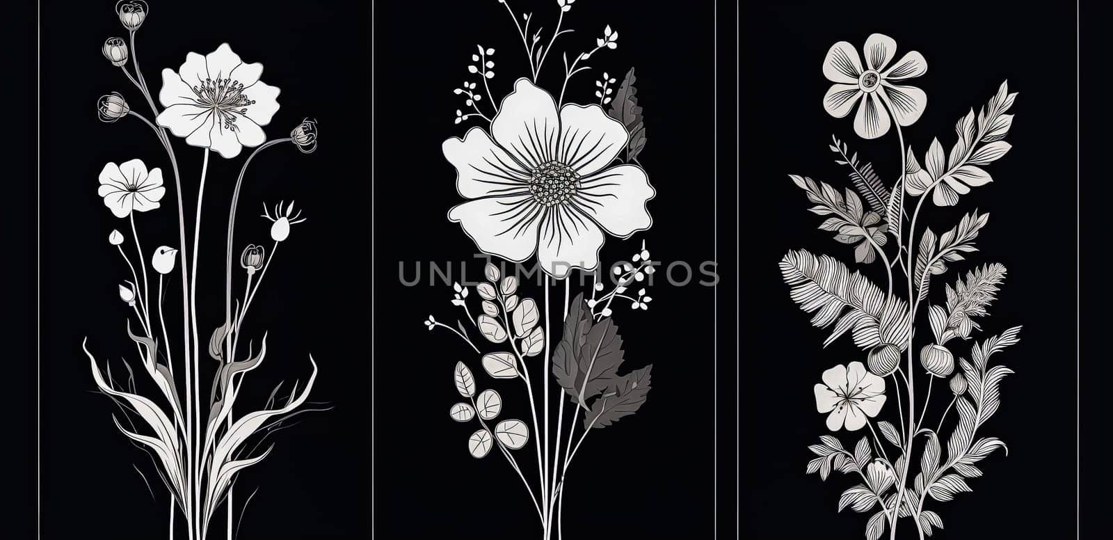 Hand drawn black silhouettes of grass, flowers, herbs, and various insects isolated on a white background. Sketch style illustration perfect for various design projects.