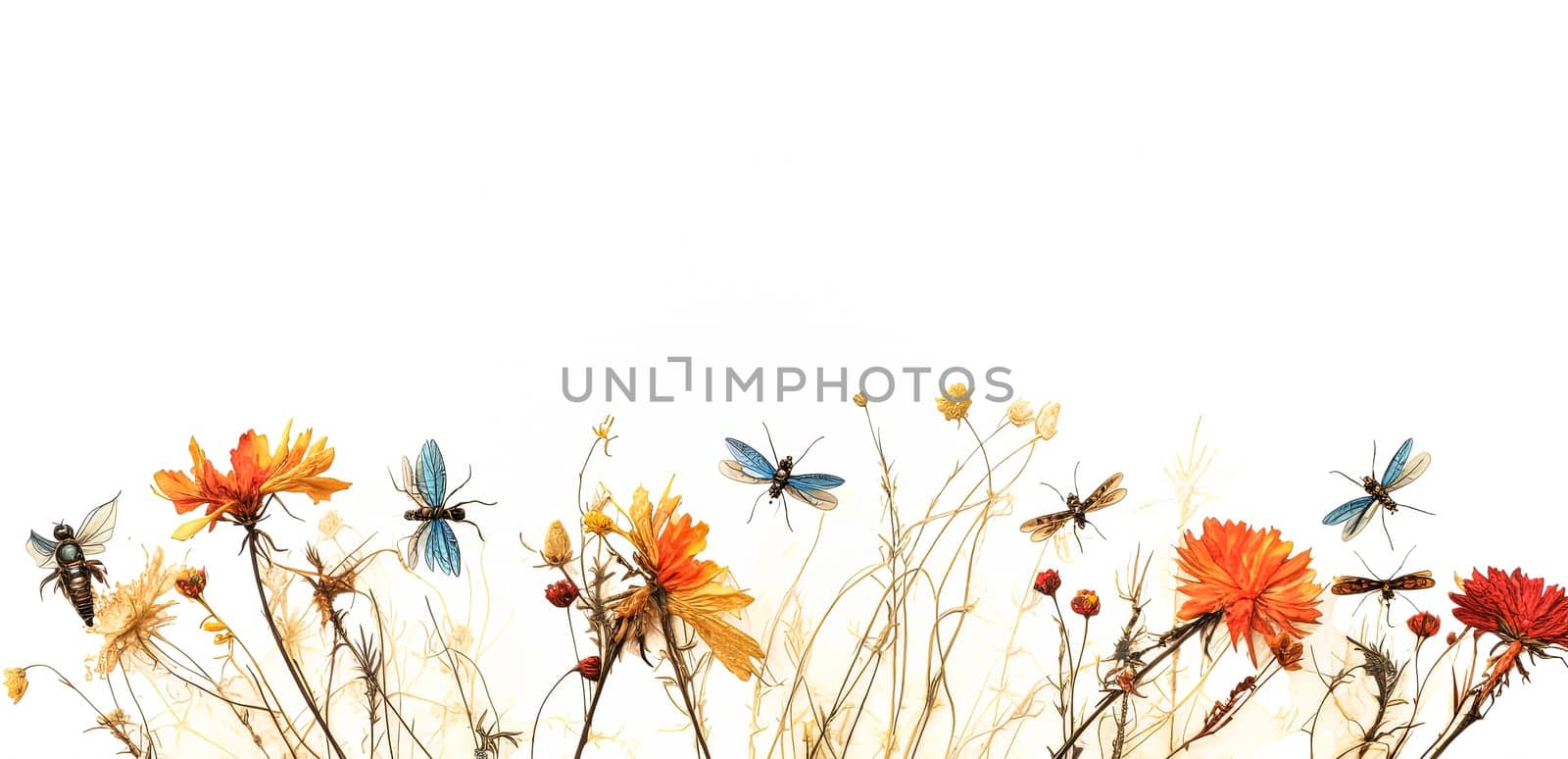 A stunning set of beautiful dried meadow flowers showcased against a white background. Perfect for various design projects and floral arrangements.