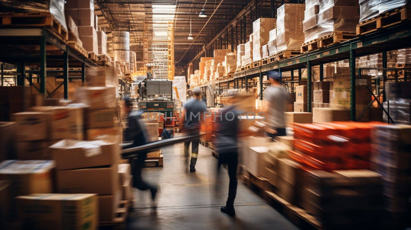 Logistics business warehouse, shipment and loading concept. workers in reflective vests blurred with movement. Staff in a warehouse move between storage racks, motion blur background transport. High quality photo