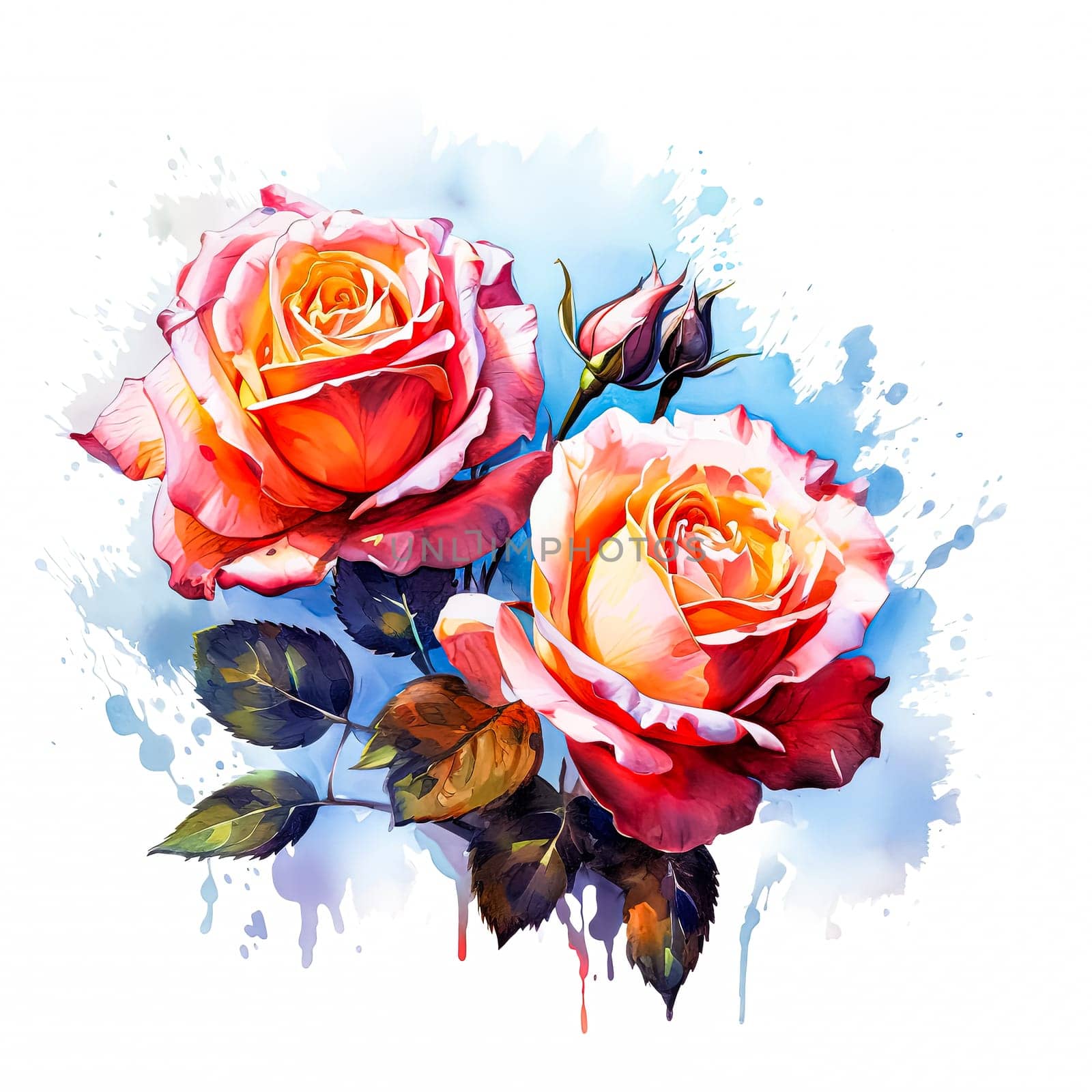 Hand drawn watercolor illustration featuring abstract botanical elements with splashes. Red rose bouquet on white background, ideal for invitations, postcards, posters.