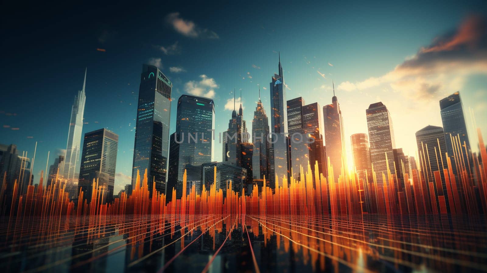 Financial graphs and digital indicators overlap with modernistic urban area, skyscrabber for stock market business concept. Double exposure. by Andelov13