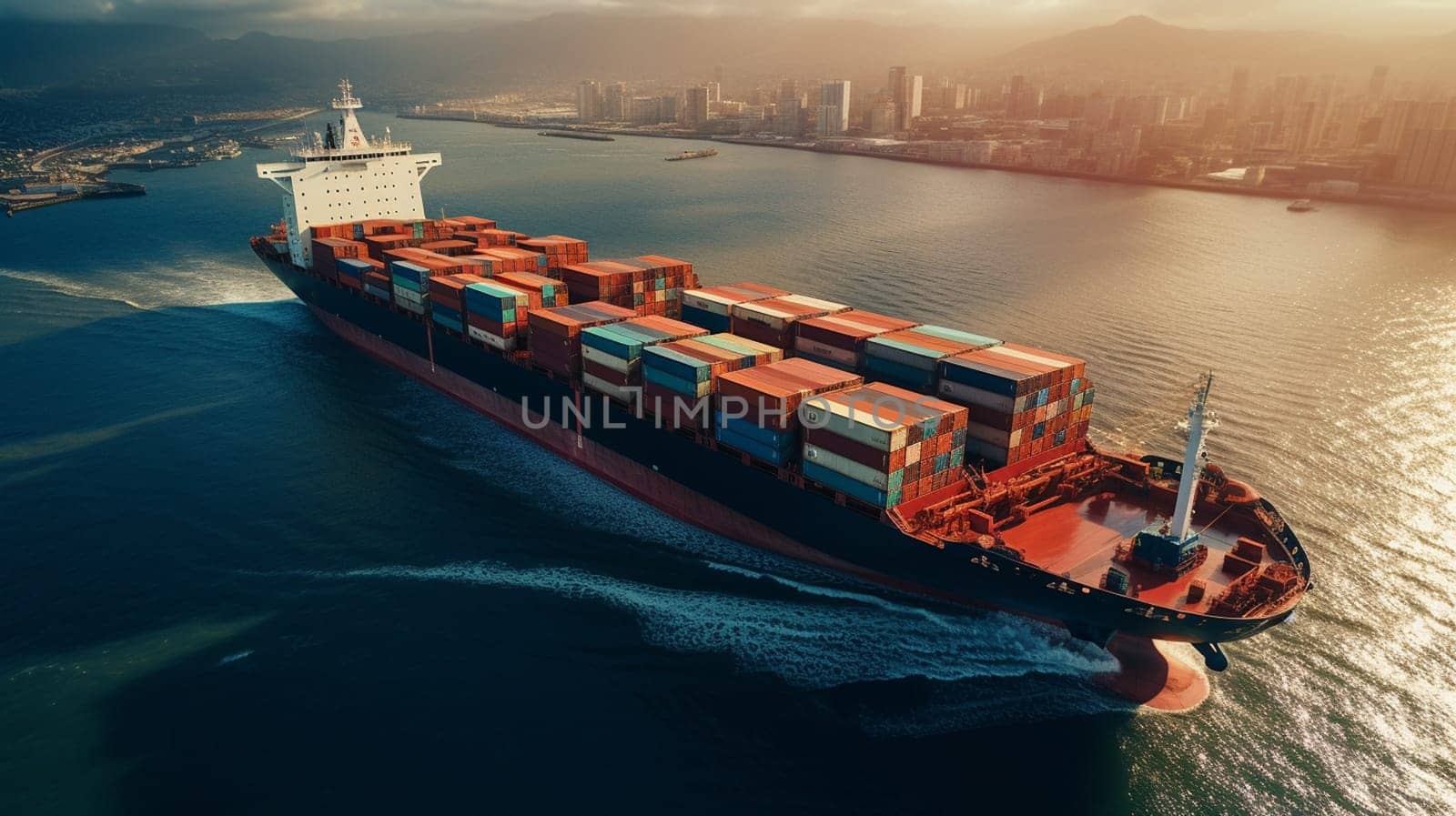 A large container cargo ship is beeing loaded in a commercial dock during sunset. High quality photo