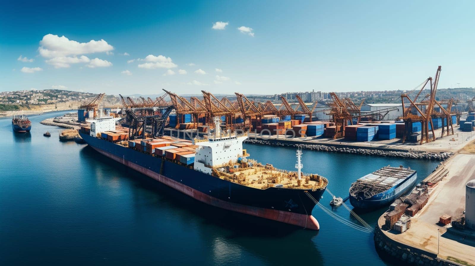 Arial view camera transportation on open blue sea logistics and container dock cargo yard with crane bridge in shipyard with transport logistic import export with blue sky background. High quality photo