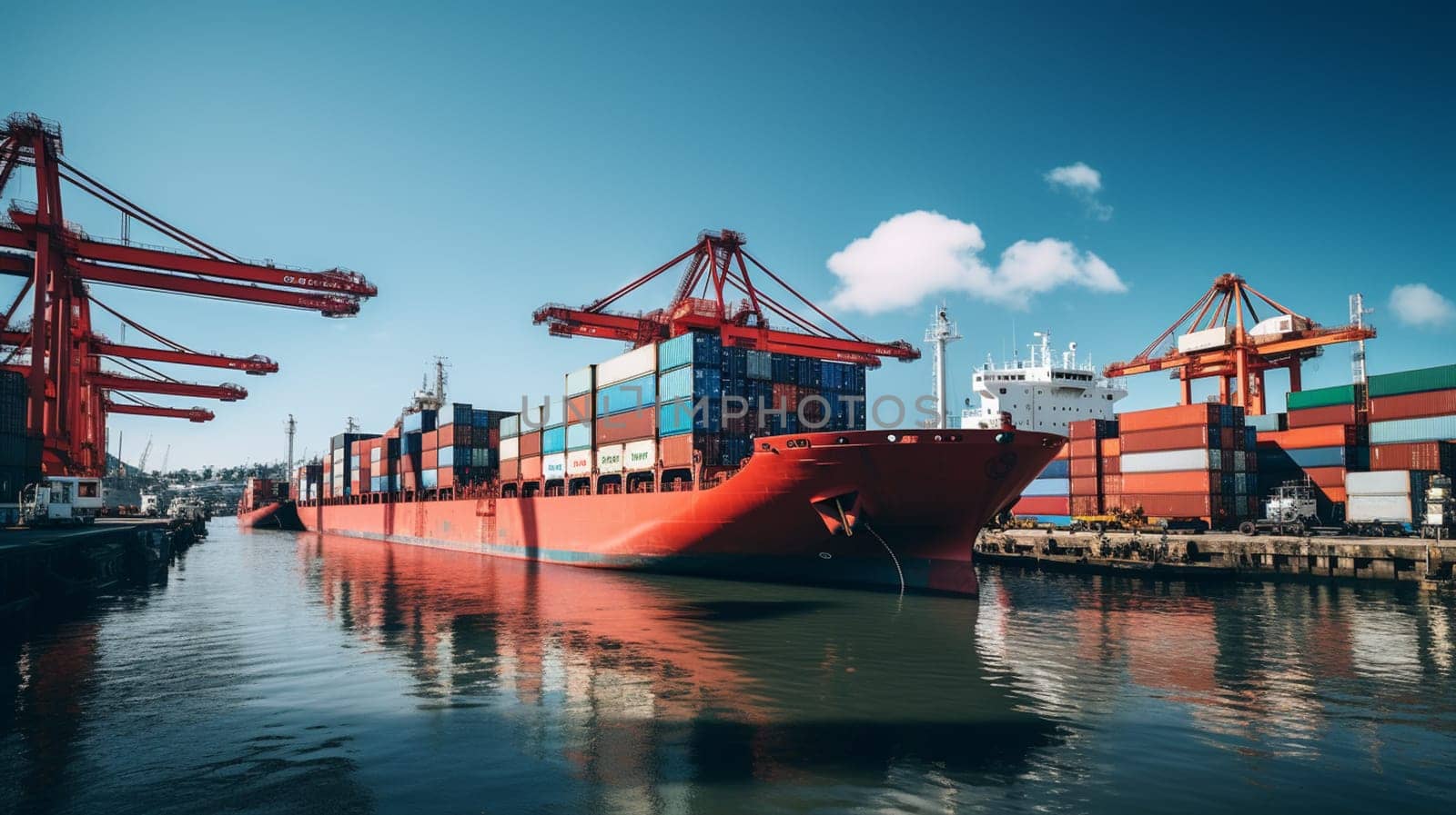 Aerial top view containers ship cargo business commercial logistic and transportation international import export by container freight cargo ship in the open seaport show ocean network on map. by Andelov13