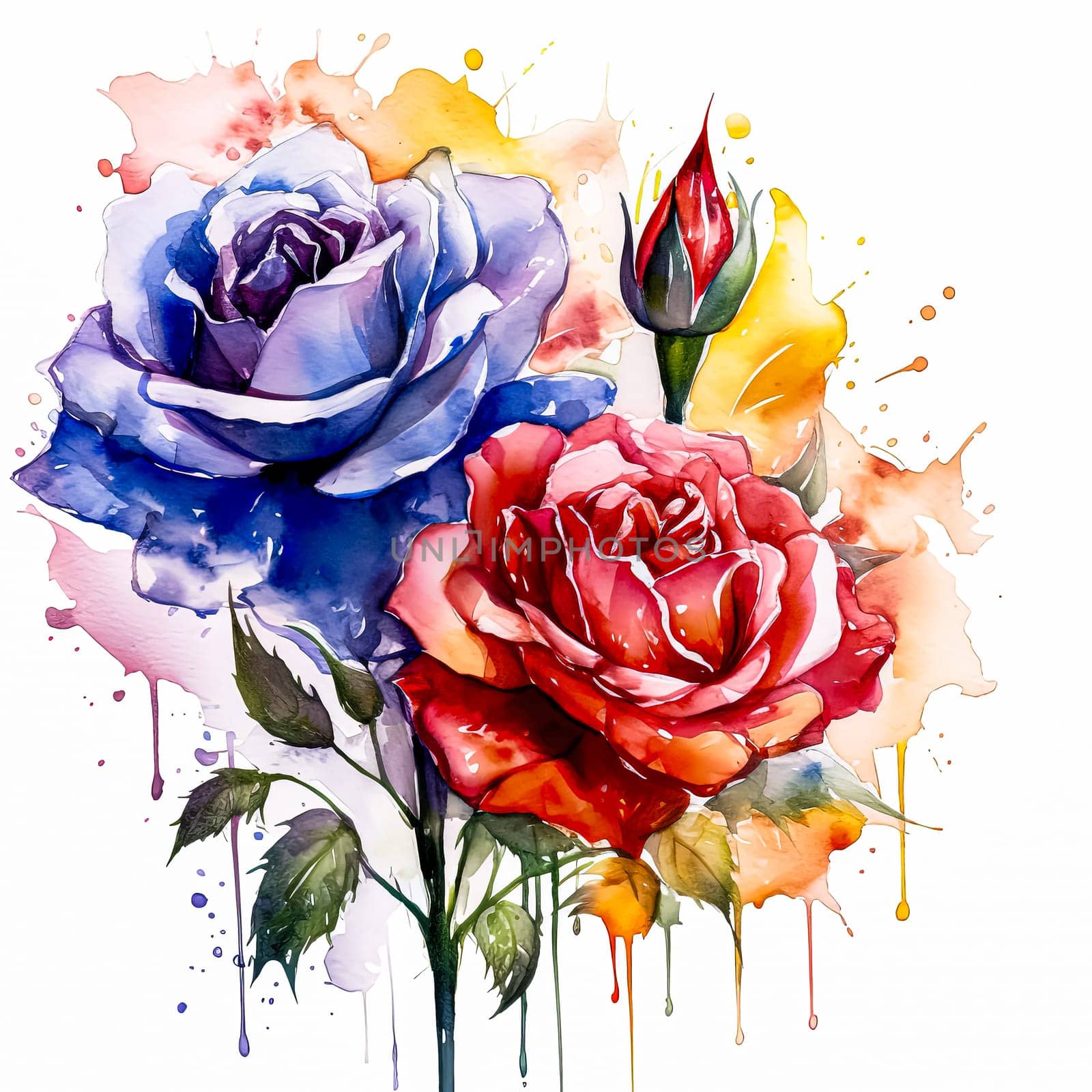 Hand drawn watercolor illustration featuring abstract botanical elements with splashes. Red rose bouquet on white background, ideal for invitations, postcards, posters.