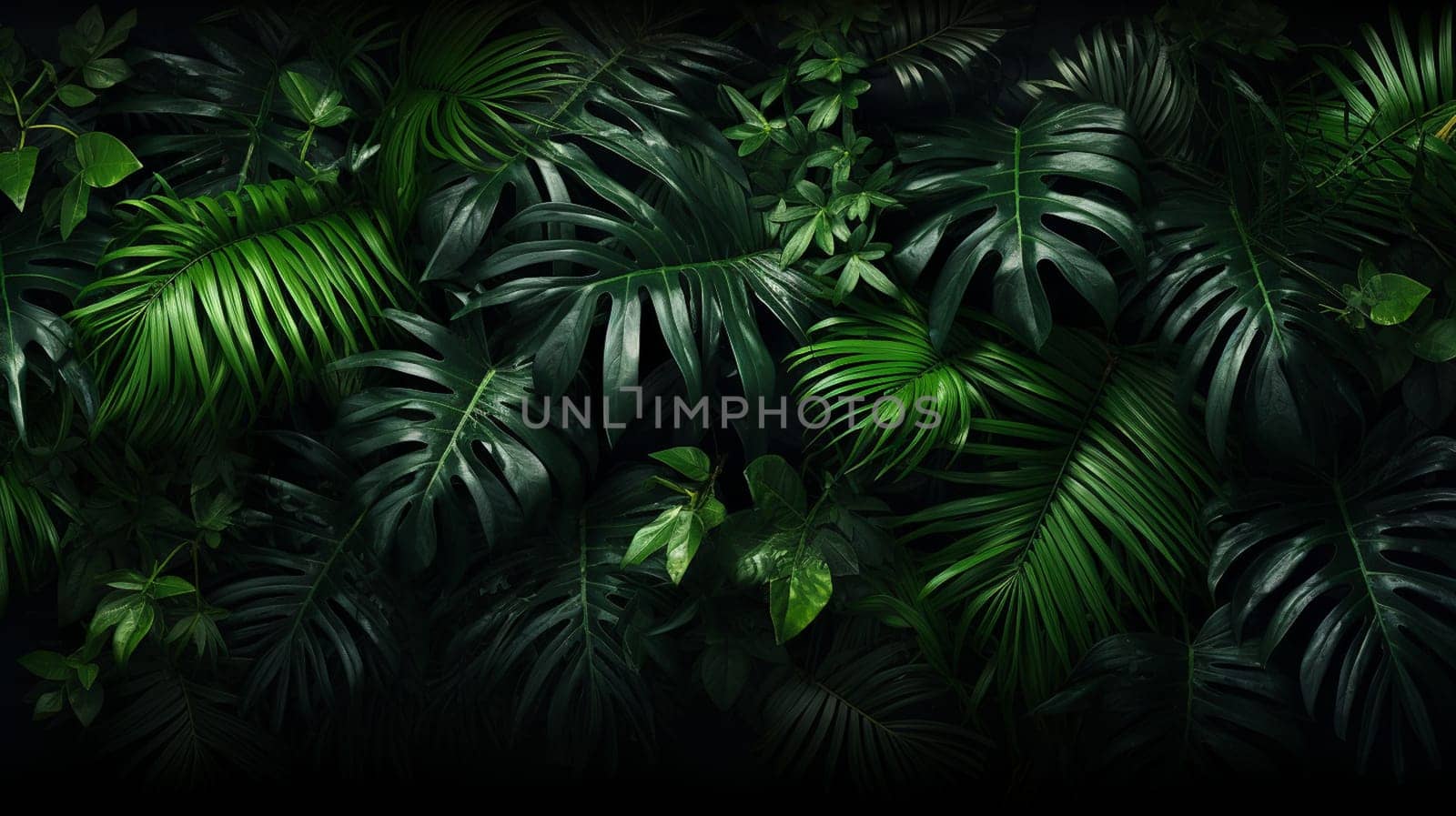 Closeup tropical green leaf nature in the garden, digital painting artwork. High quality photo