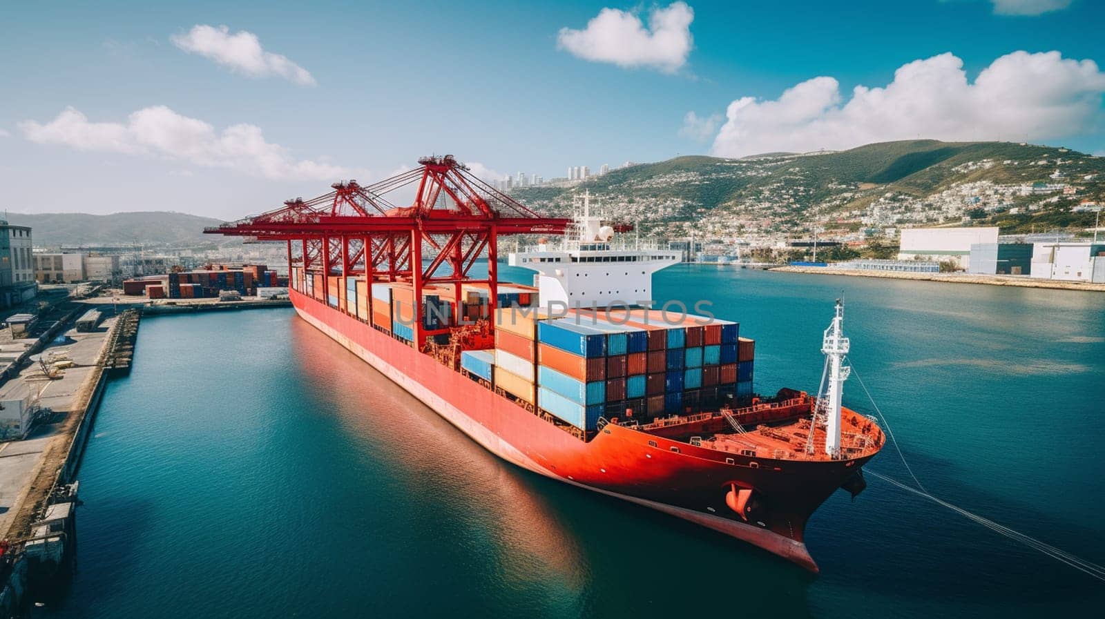 Arial view camera transportation on open blue sea logistics and container dock cargo yard with crane bridge in shipyard with transport logistic import export with blue sky background. by Andelov13