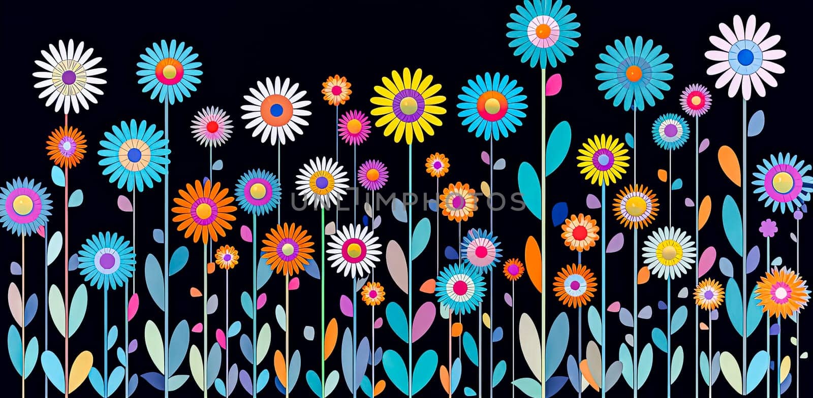 Set of minimalistic beautiful garden and field flowers isolated on black background. Versatile collection perfect for various design projects.