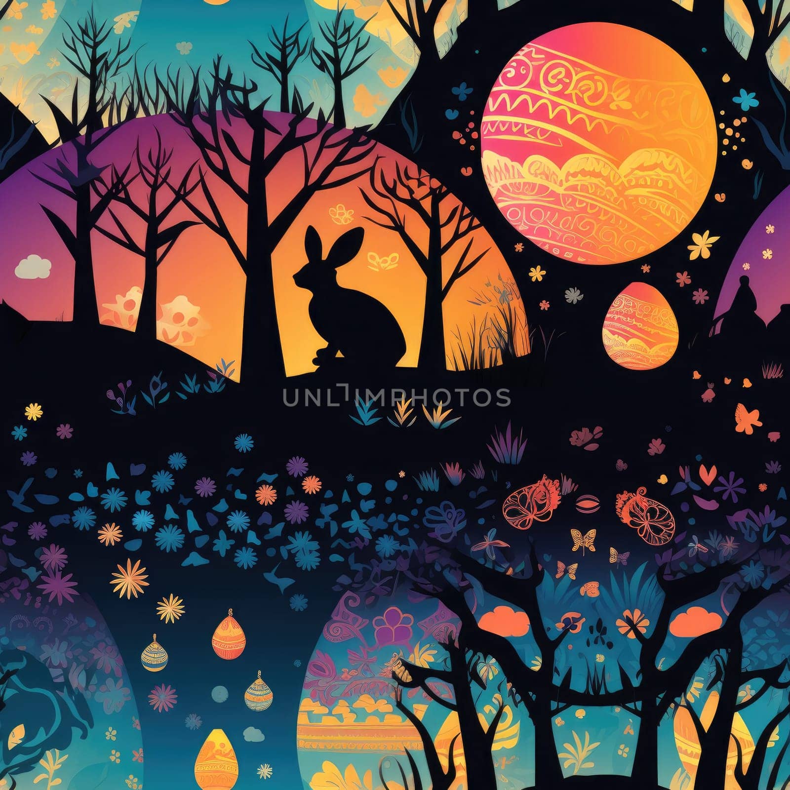 silhouette of bunny surrounded by colorful Easter eggs. futuristic background. Generative AI.