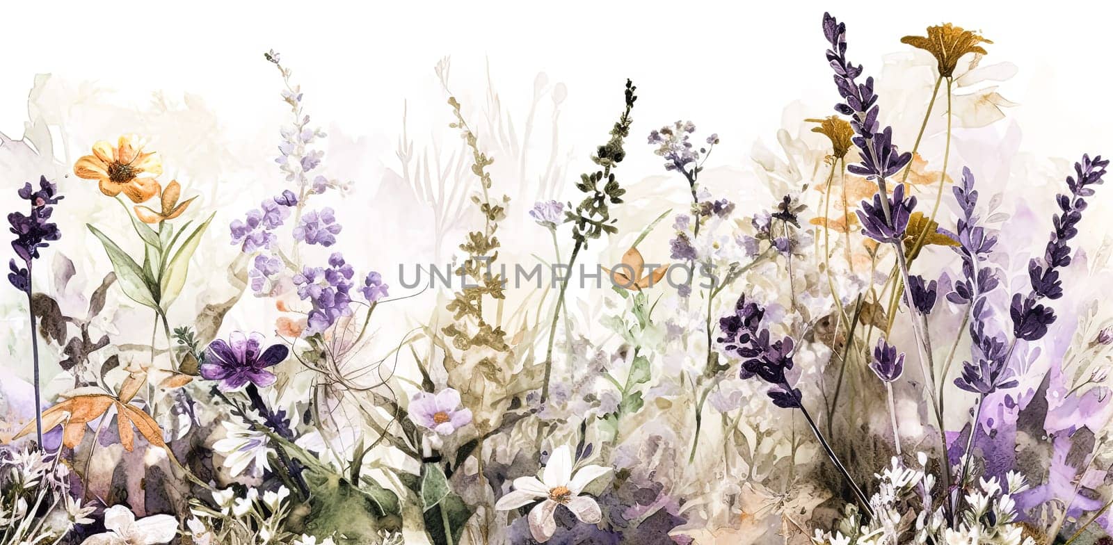 Watercolor bouquet collection of wild field herbs, flowers, and plants. Illustration features green leaves, branches, and colorful buds. Ideal for wedding stationery, wallpapers and prints.