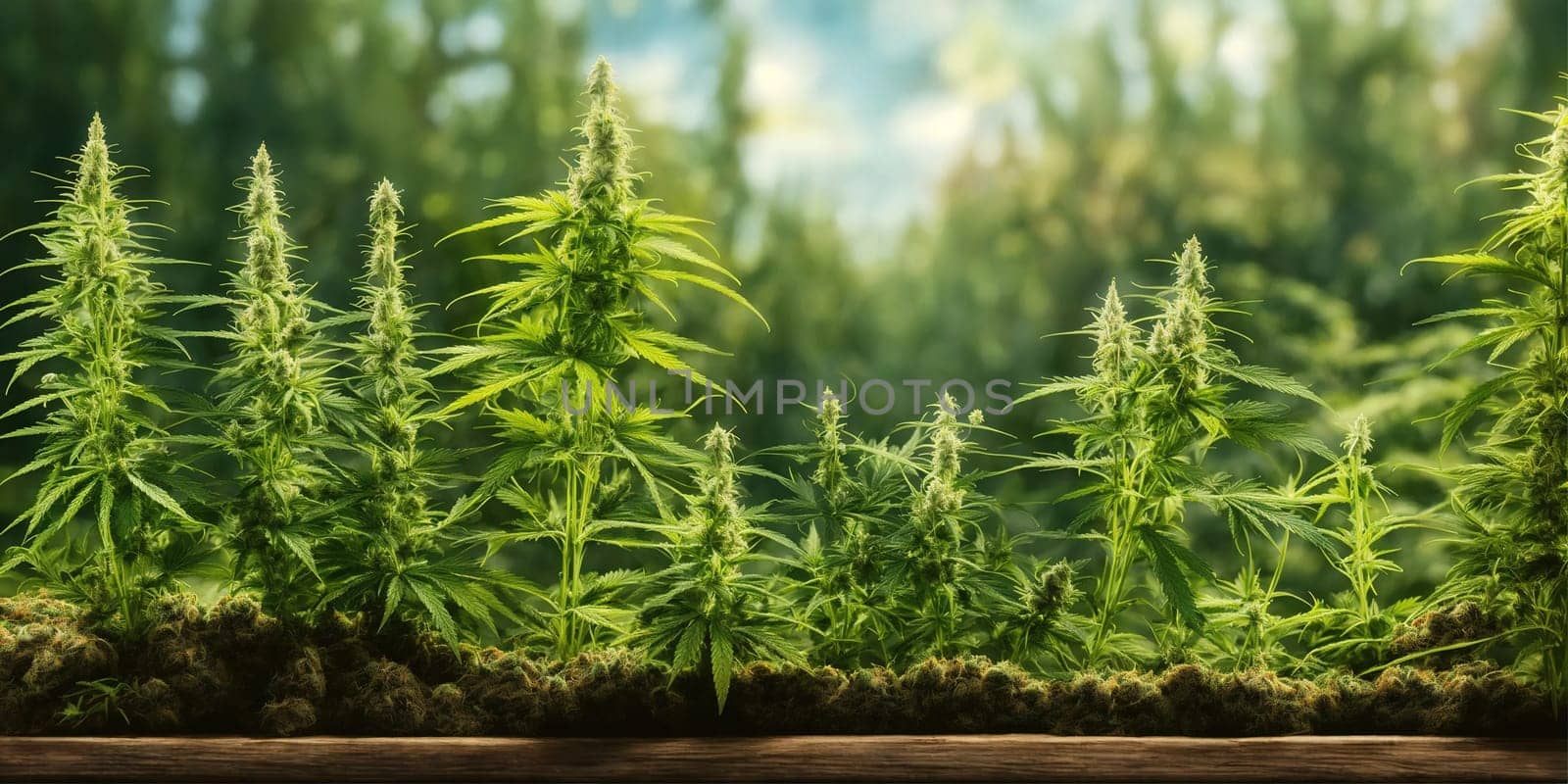 Cannabis bushes grow on a dark background. Generative AI. High quality photo