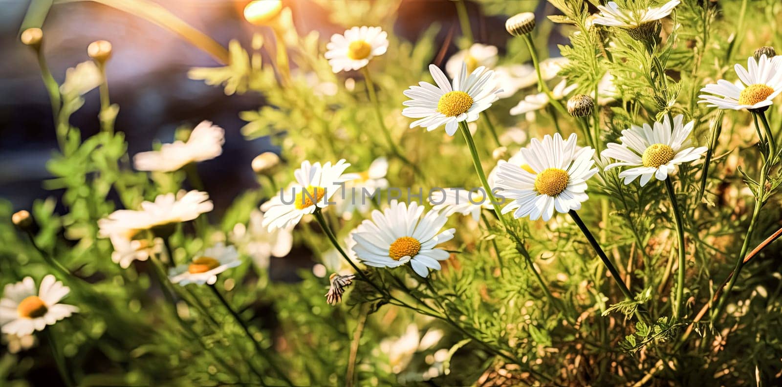 Close up soft focus nature background featuring wild camomile flowers. Capturing the delicate beauty of nature up close.