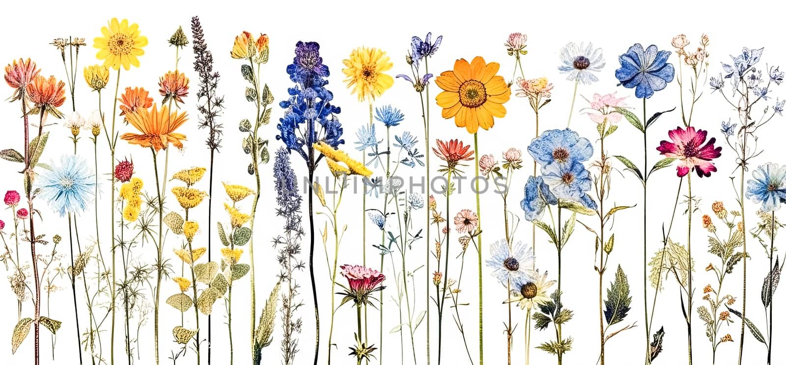 A stunning set of beautiful dried meadow flowers showcased against a white background. Perfect for various design projects and floral arrangements.