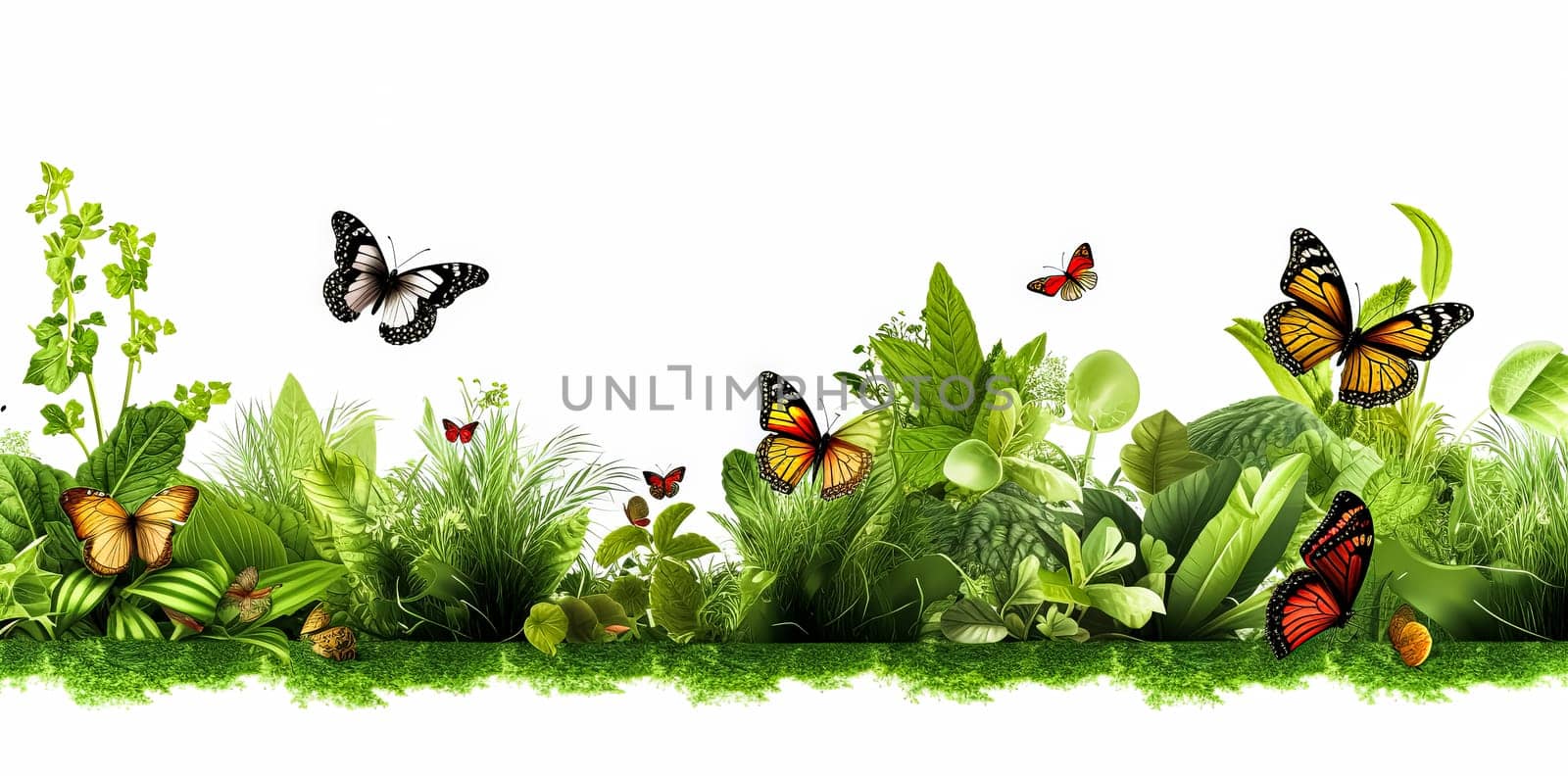 Seamless horizontal border featuring abstract yellow flowers, green leaves, plants, and flying butterflies. Watercolor pattern on white background, ideal for illustrations of summer meadows.