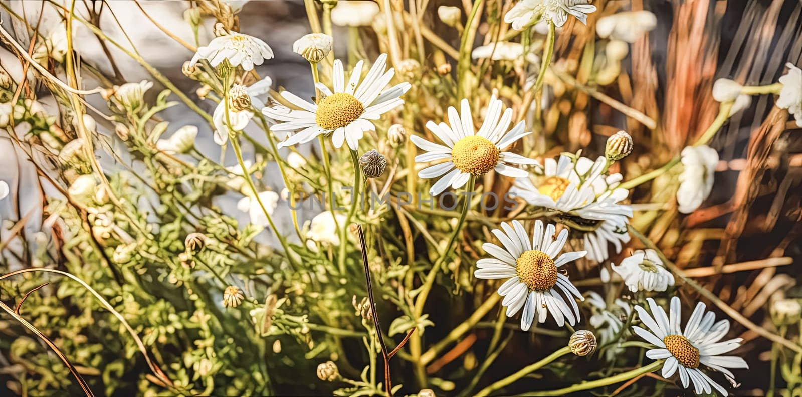 Close up soft focus nature background featuring wild camomile flowers. Capturing the delicate beauty of nature up close.