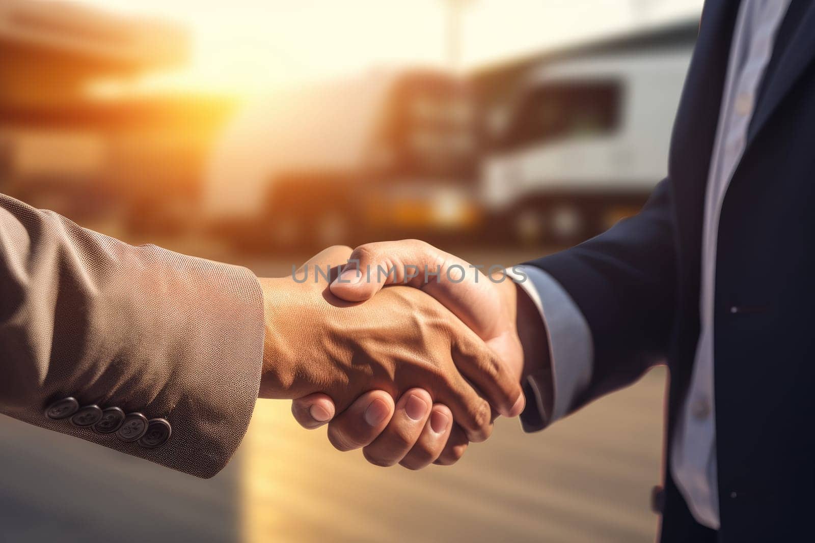 businessman handshake of business deal with logistic. Generative AI. by matamnad