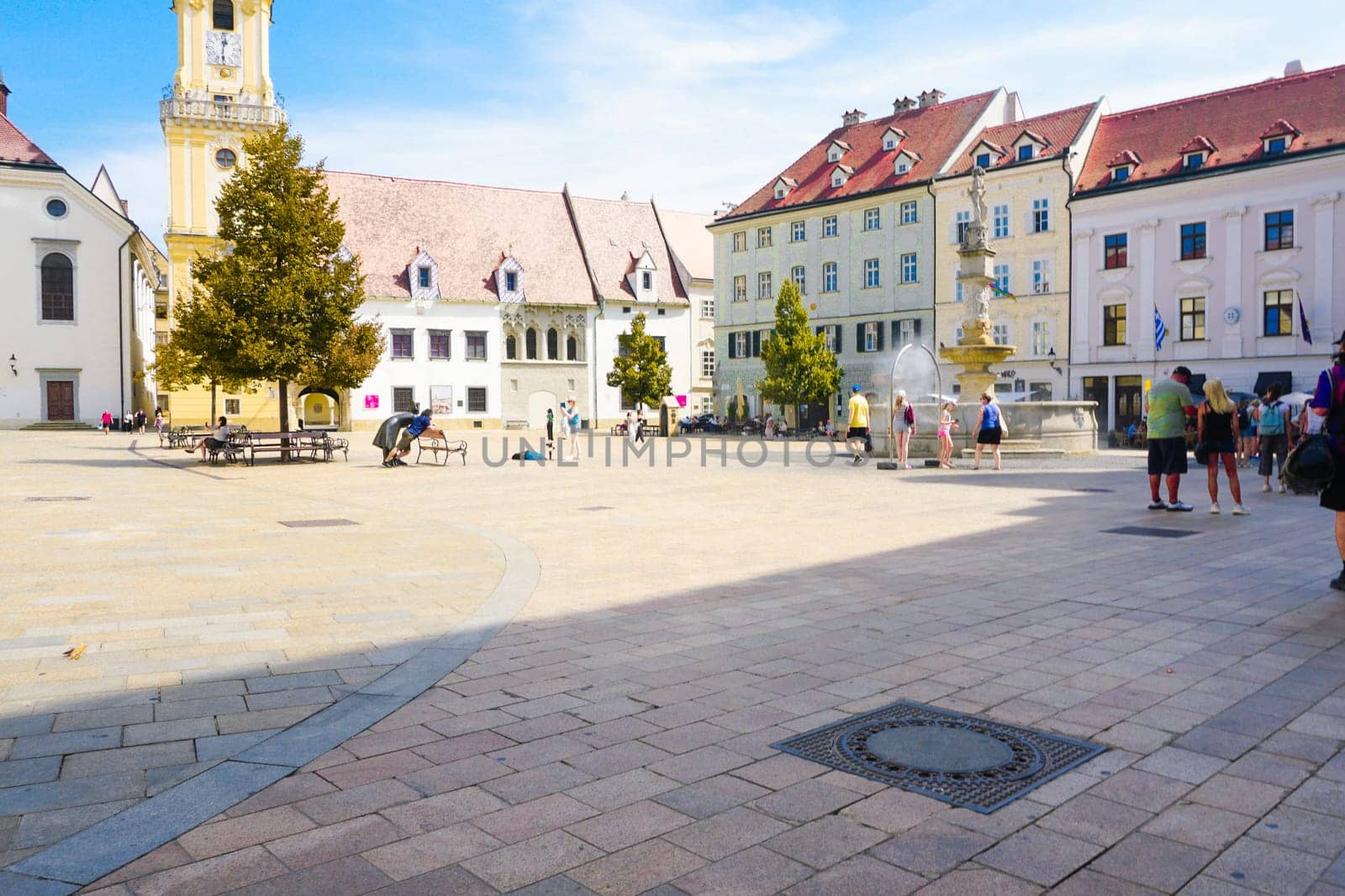 Bratislava, Slovakia, August 25, 2023: View of Bratislava main square with the city hall in the background