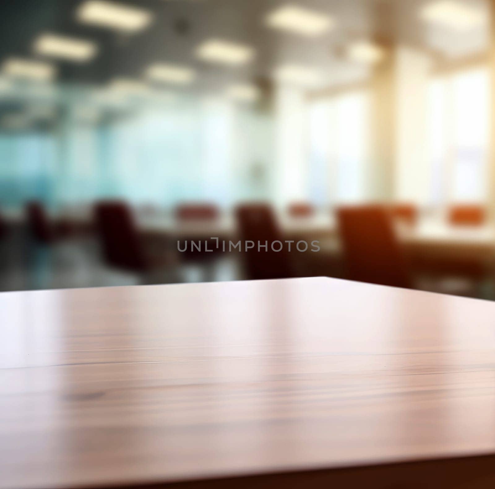 Empty wooden table and chairs in a modern meeting room with city view. Generative AI.