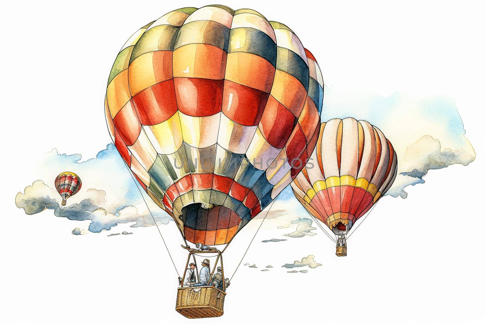 This watercolor illustration depicts charming hot air balloon adorned with floral designs, floating gracefully in the sky. Perfect for whimsical designs.