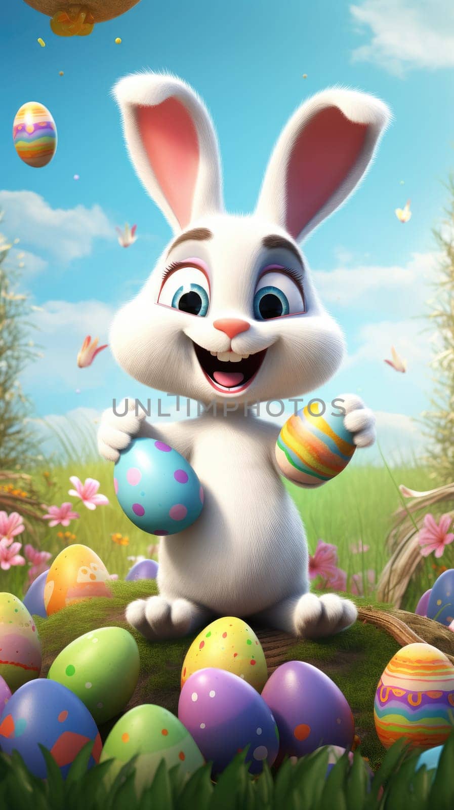 bunny surrounded by colorful Easter eggs. Generative AI.