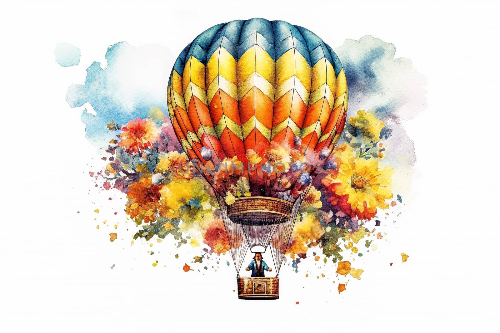 This watercolor illustration depicts charming hot air balloon adorned with floral designs, floating gracefully in the sky. Perfect for whimsical designs.