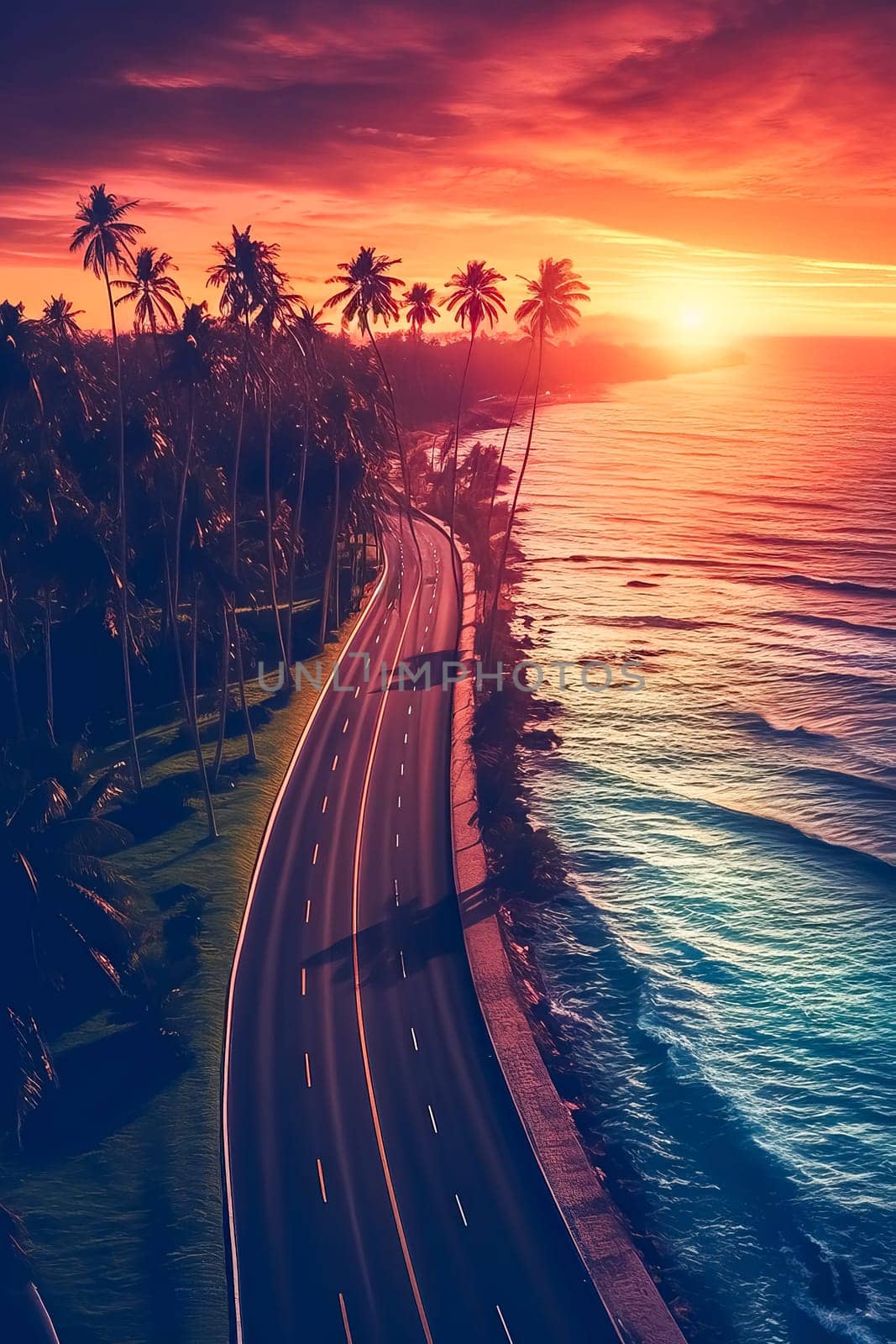 An illustration capturing the scenic view of a road winding between mountains and a tranquil sea beach at sunset. A picturesque coastal landscape scene.