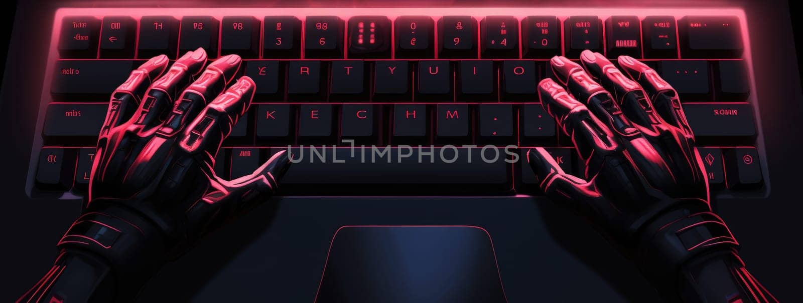 a hand of a robot typing on a laptop, chatbot robotic futuristic artificial intelligence concept. AI generative.