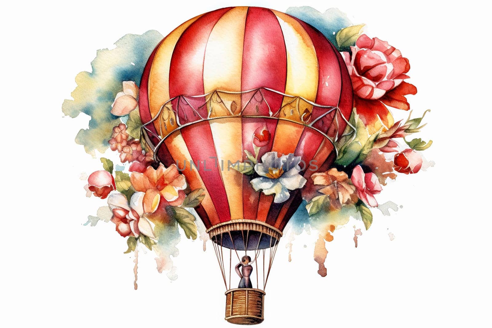 hot air balloon adorned with floral designs, floating gracefully in the sky by Alla_Morozova93