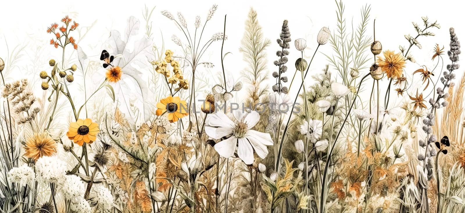 Watercolor bouquet collection of wild field herbs, flowers, and plants. Illustration features green leaves, branches, and colorful buds. Ideal for wedding stationery, wallpapers and prints.