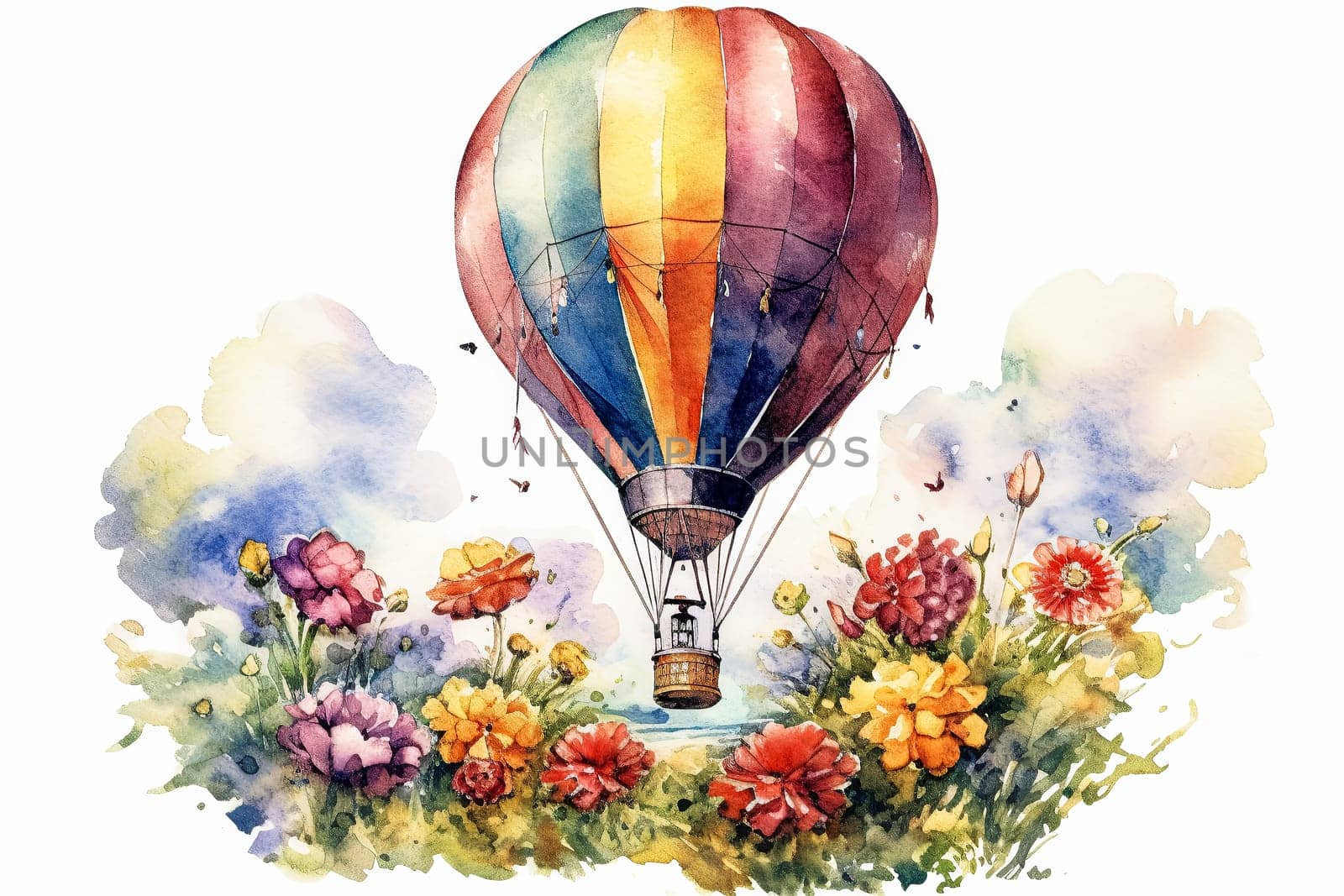 hot air balloon adorned with floral designs, floating gracefully in the sky by Alla_Morozova93
