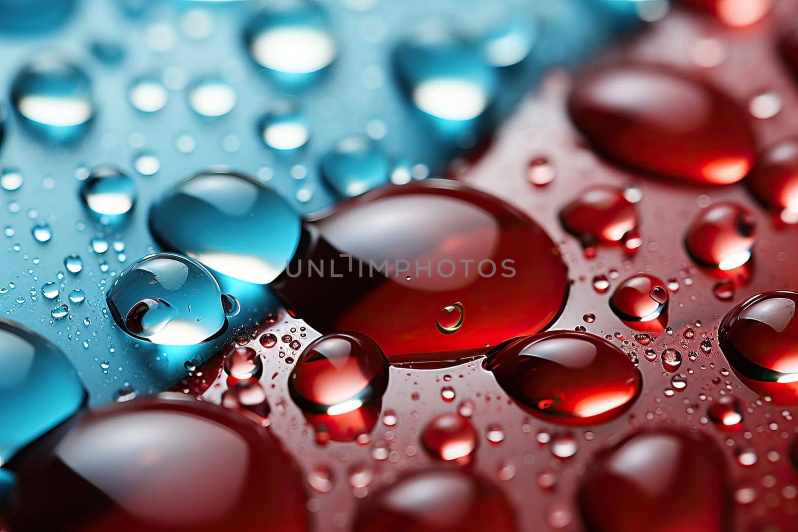 Water drops on a blue-red background, texture of water drops close-up on a blue and red background.