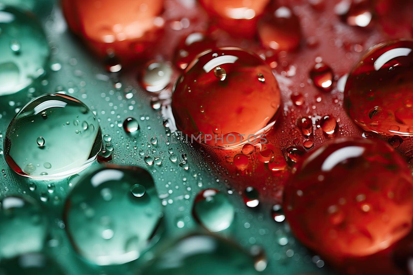 Close-up of transparent drops of liquid on a green-red background. by Niko_Cingaryuk