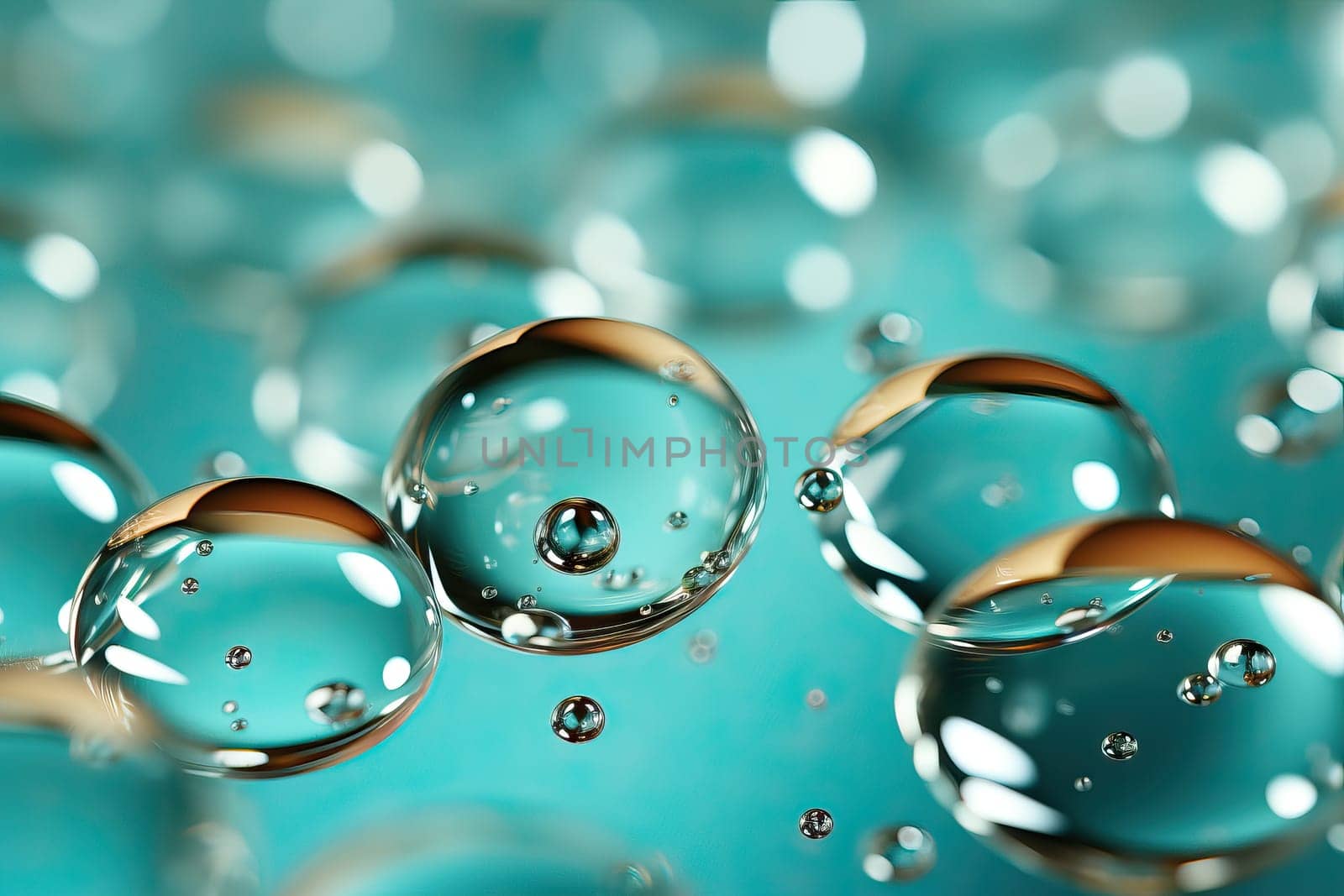 Close-up of transparent liquid drops on aquamarine background, texture with macro water drops.