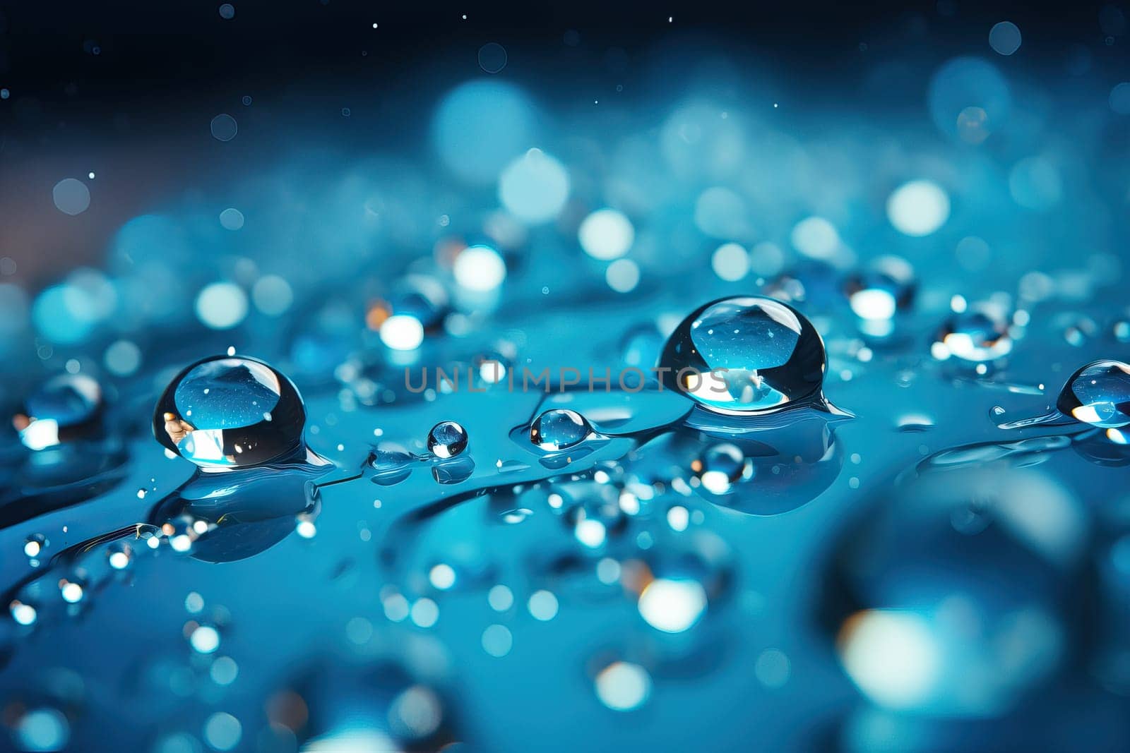 Transparent macro drops on blue aquamarine background, blue texture with transparent drops.
