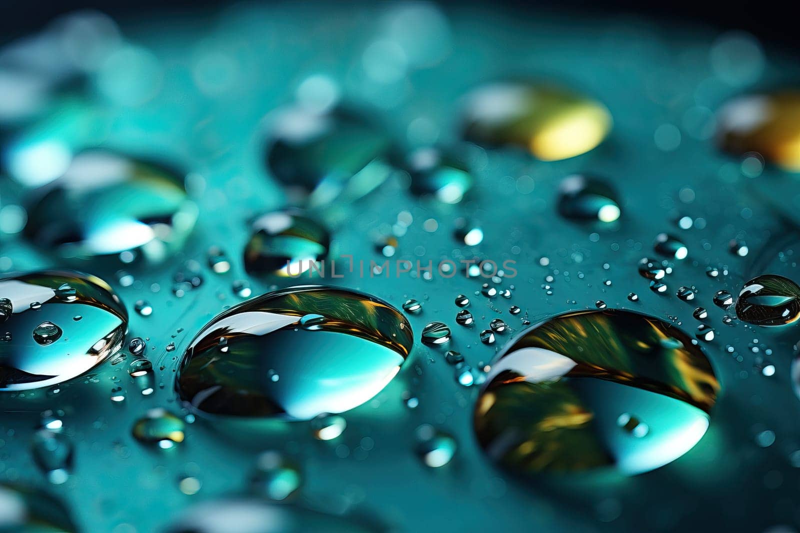 Close-up of transparent liquid drops on aquamarine background. by Niko_Cingaryuk