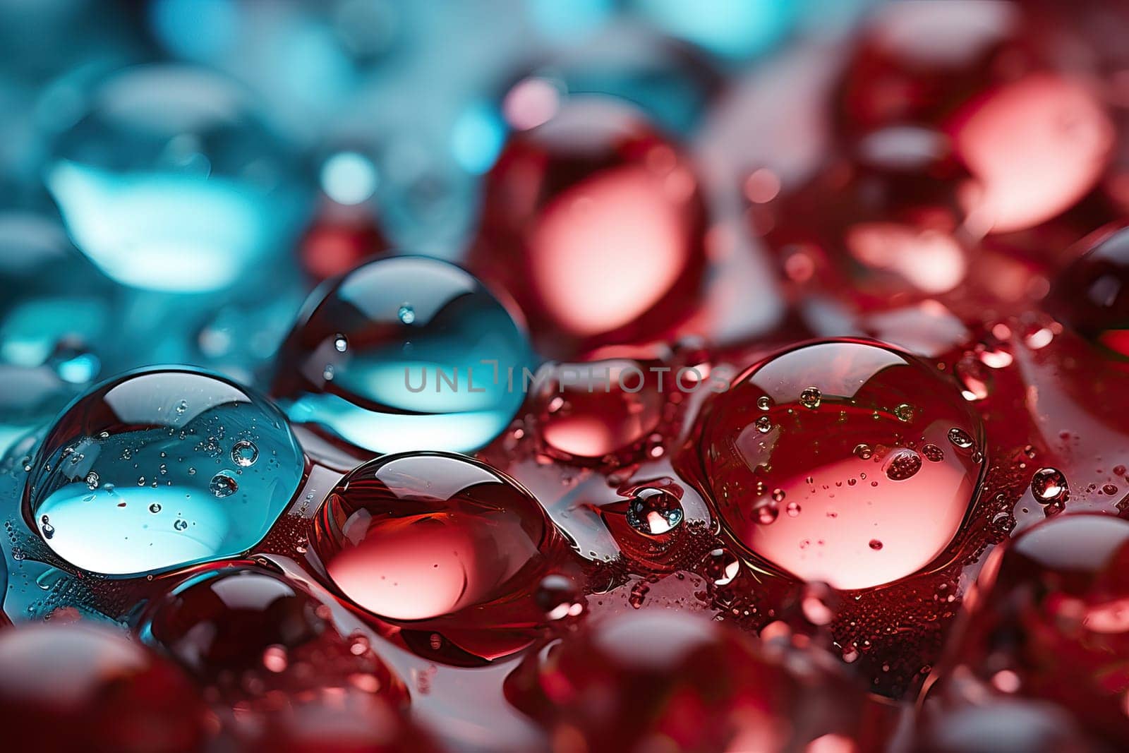 Blue and red drops close-up on background. by Niko_Cingaryuk