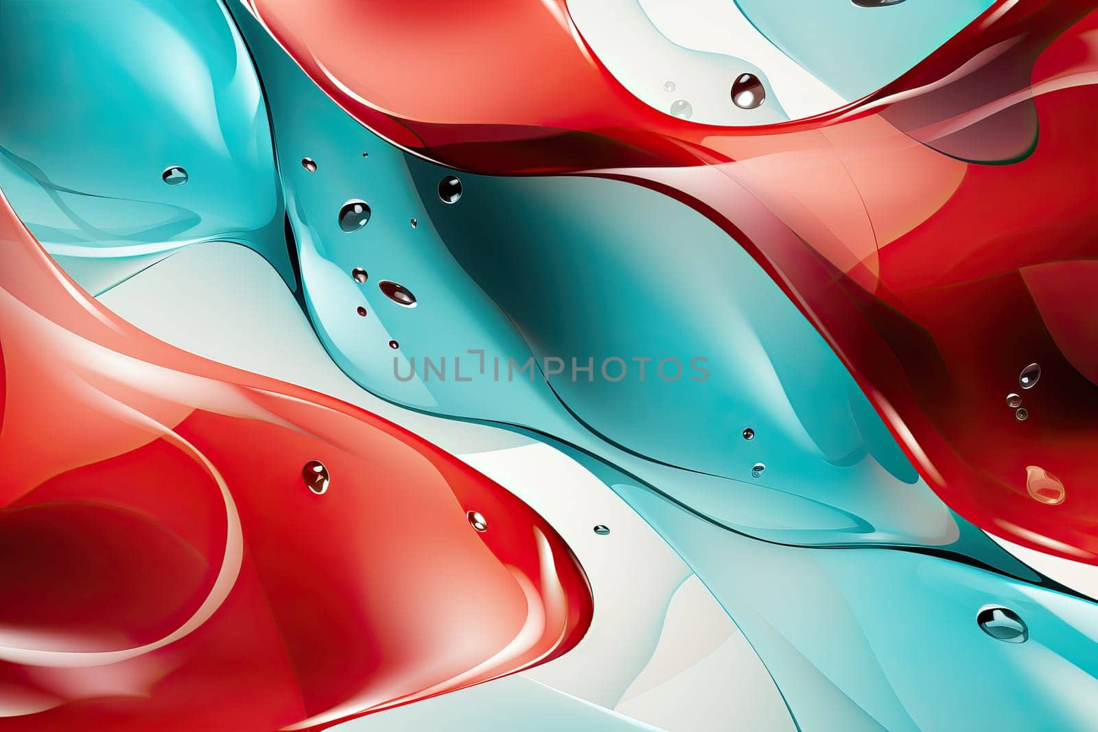 Abstract black background with red drops of various rounded shapes, screensaver and wallpaper with red drops and blue background.
