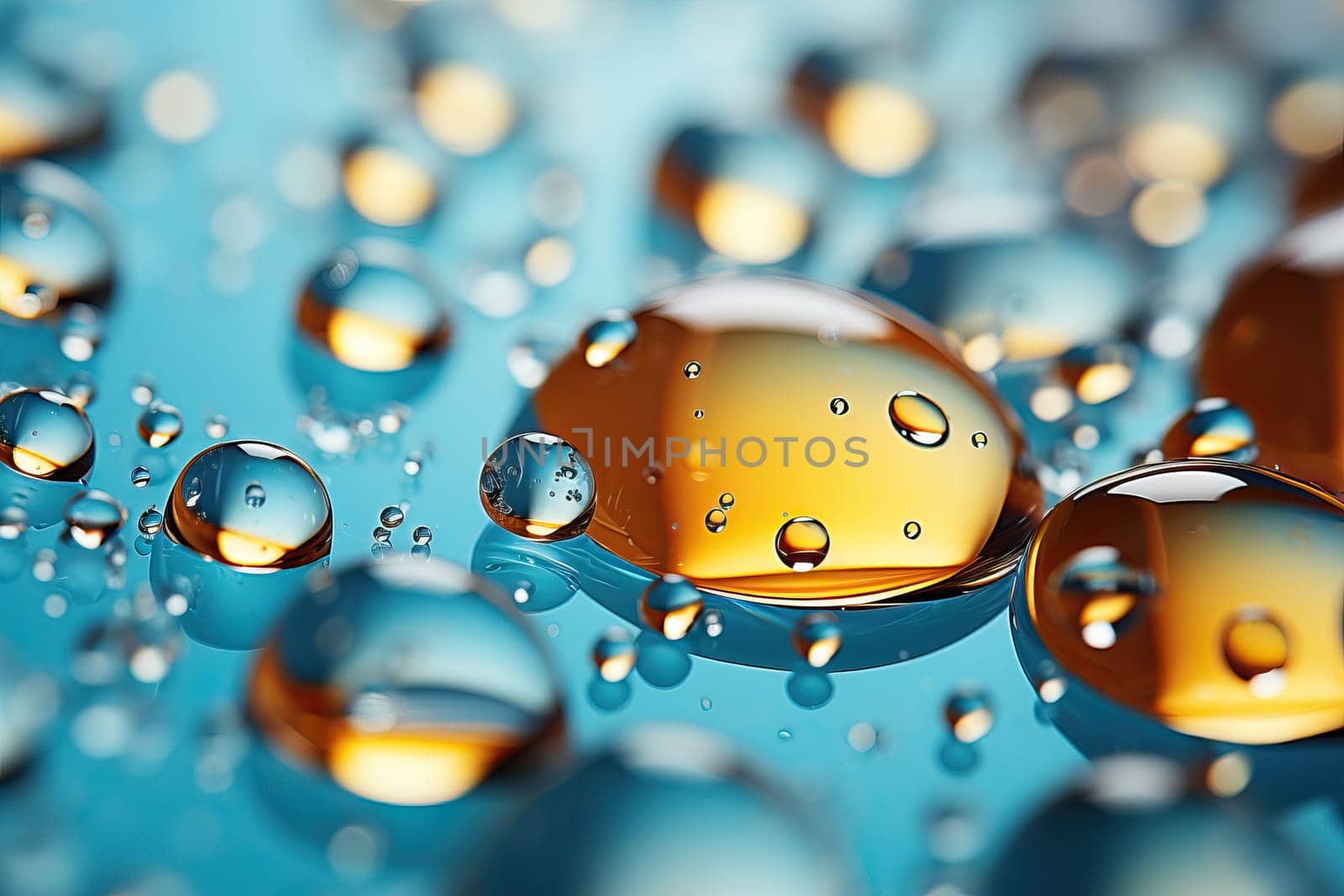 Abstract background with aquamarine and orange drops, macro water drop texture. by Niko_Cingaryuk